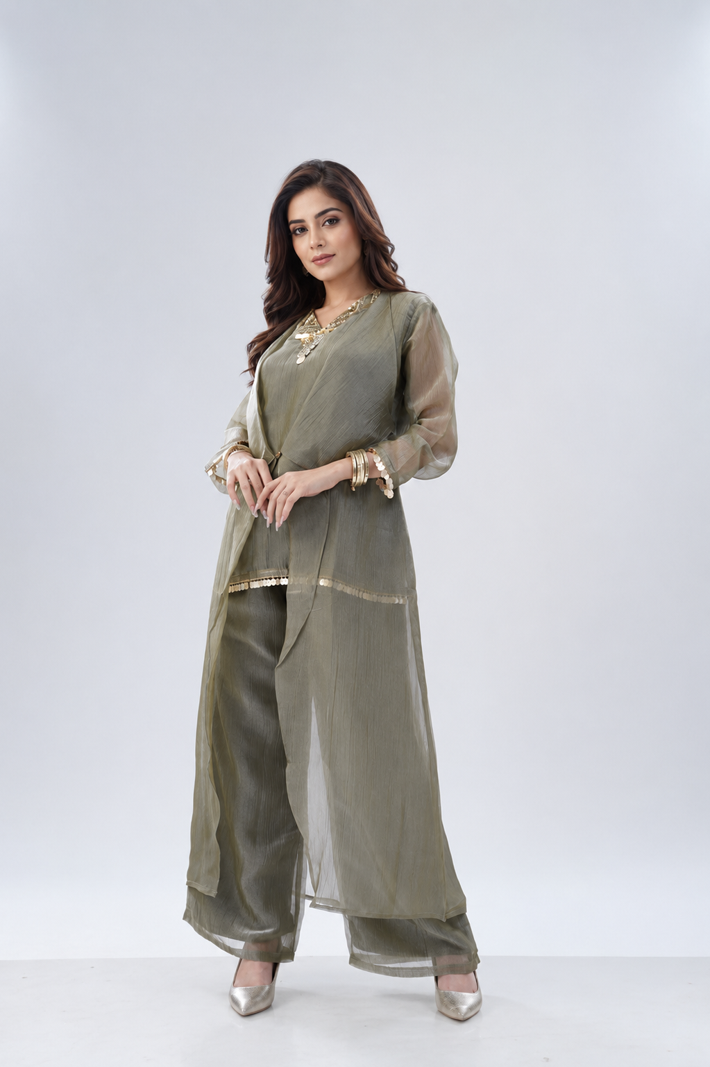 Olive Bloom Embellished Tissue Silk Co-ord Set