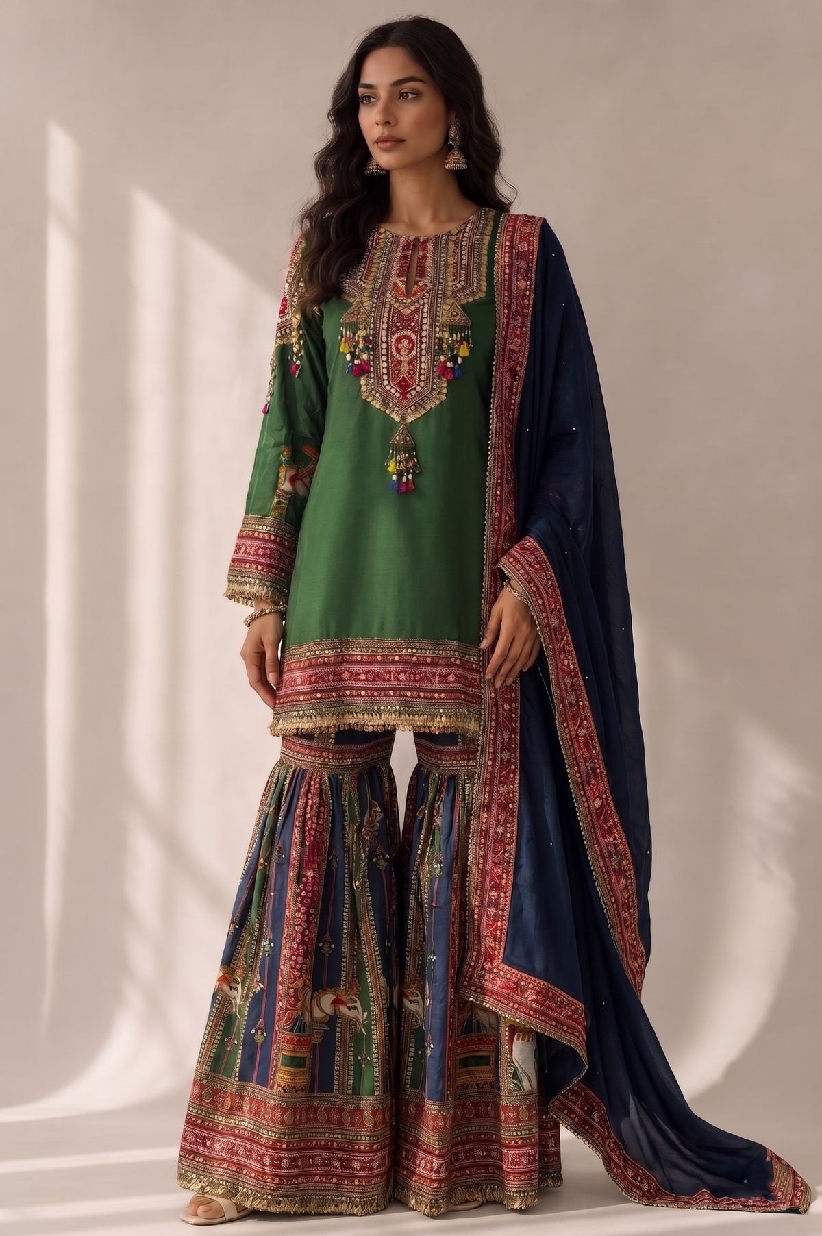 Forest Moss Green Embellished Crepe Silk Sharara Set