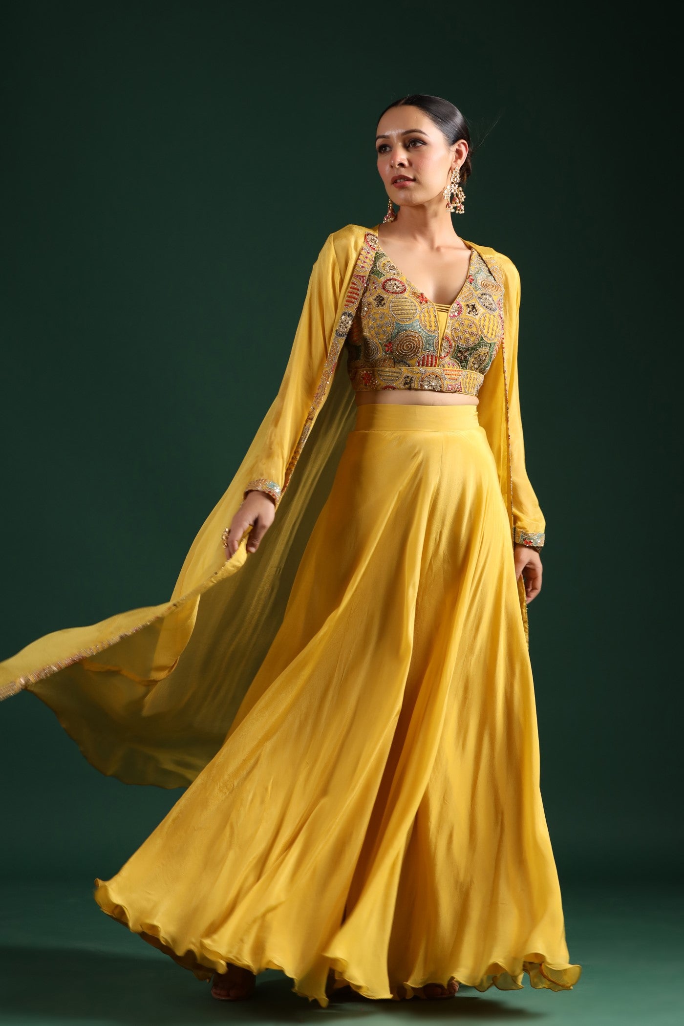 Festive Yellow Embroidered Cape Set