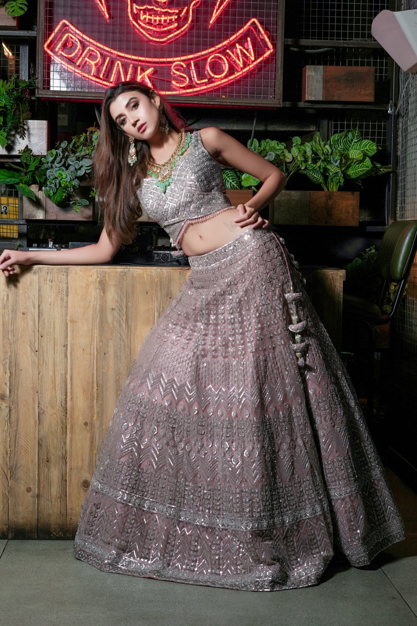 Peach Lehenga Choli with over Silver Thread Embroidery with Scalloped  Dupatta | Exotic India Art