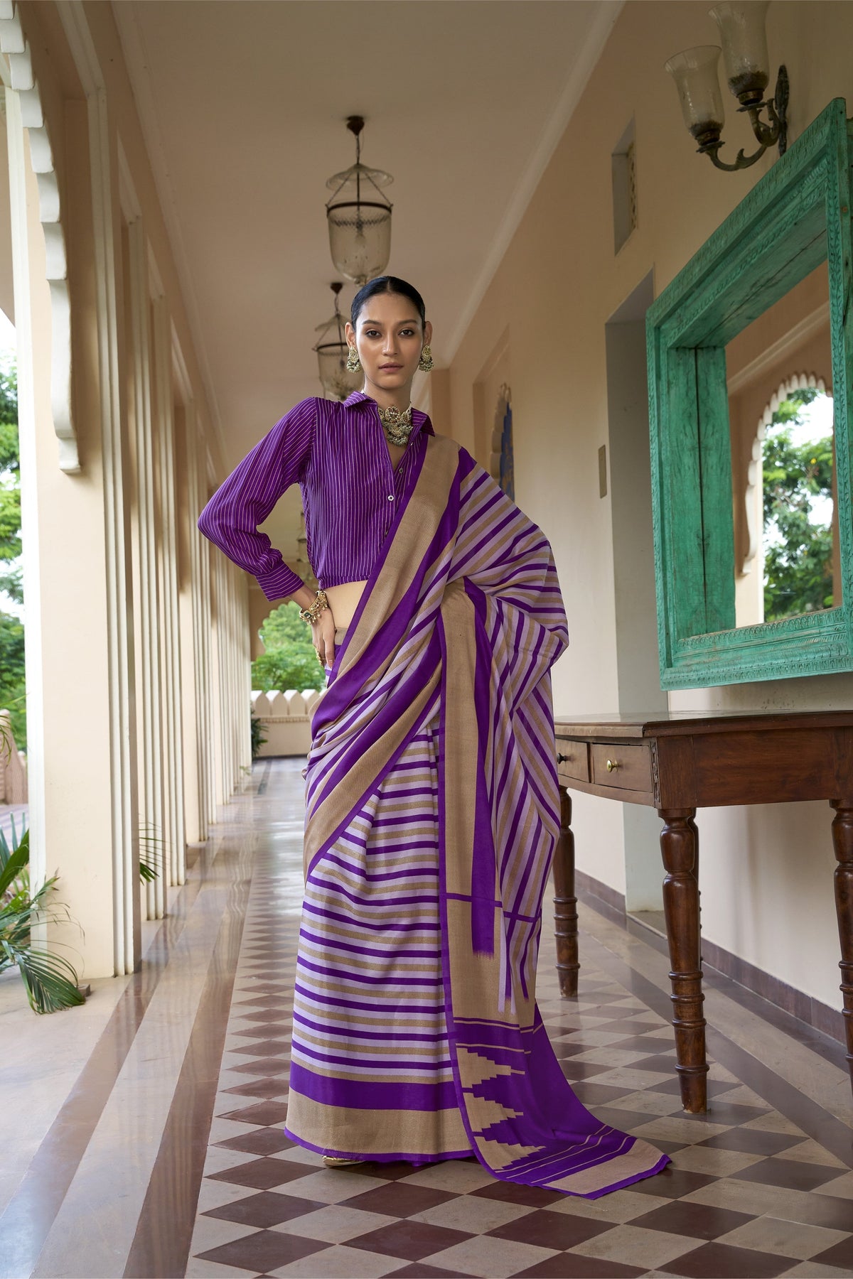 Royal Violet Printed Crepe Silk Saree