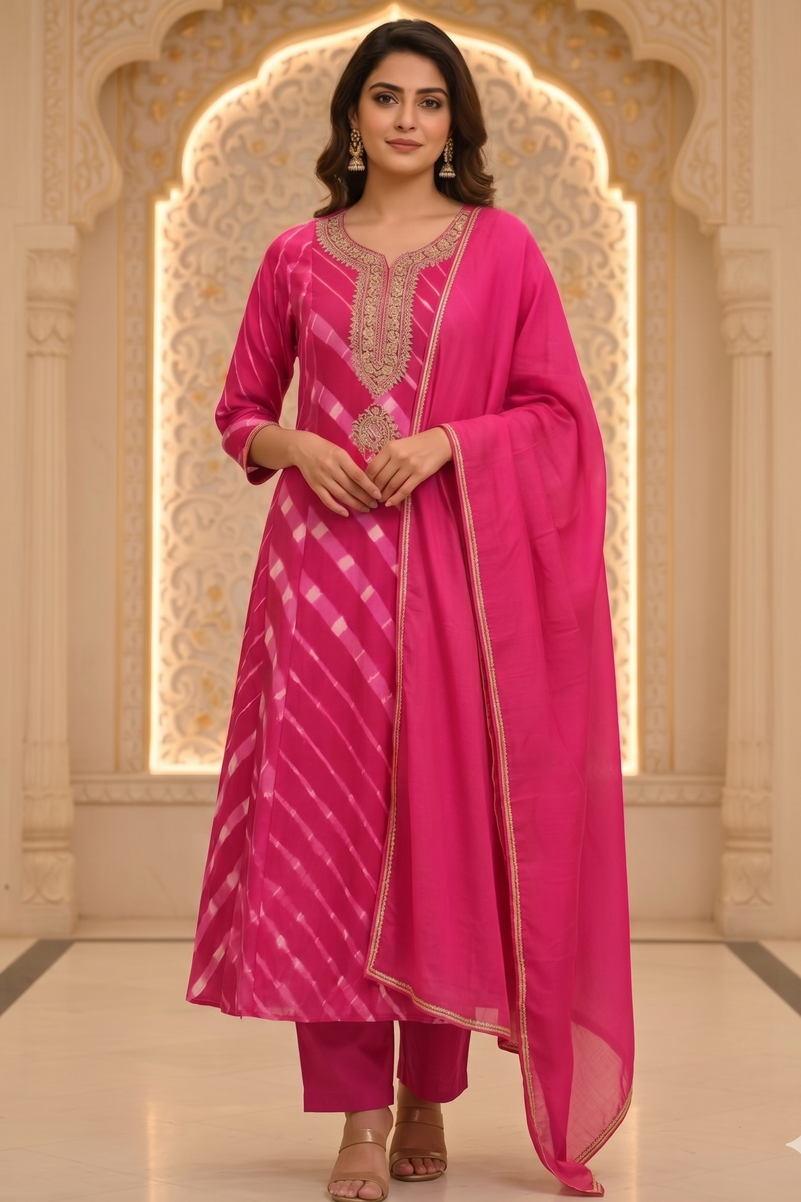 Rani Pink Leheriya Mul Chanderi Silk Suit Set