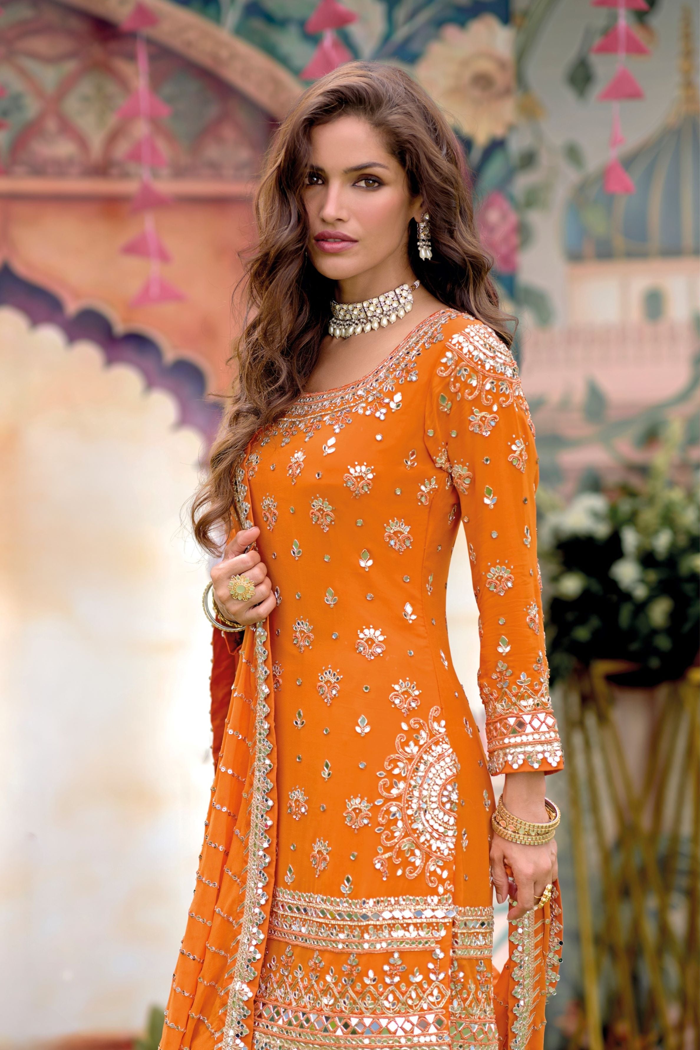 Bright Orange Embellished Georgette Silk Sharara Set