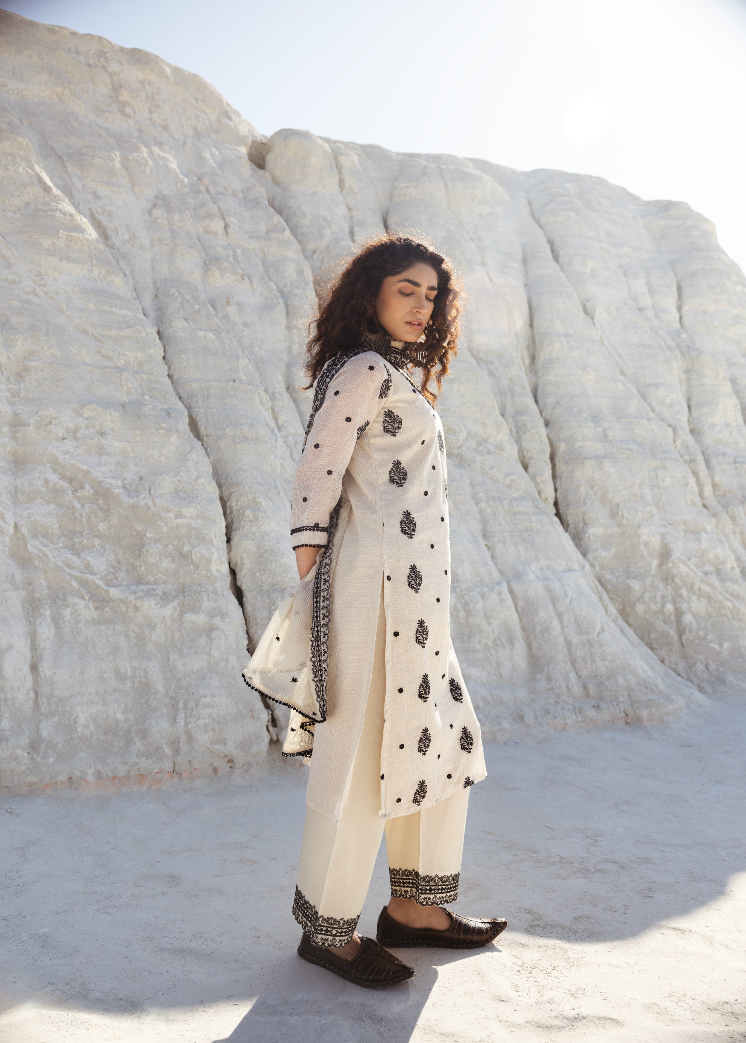 Ivory Embroidered Kota Doria Pant Set