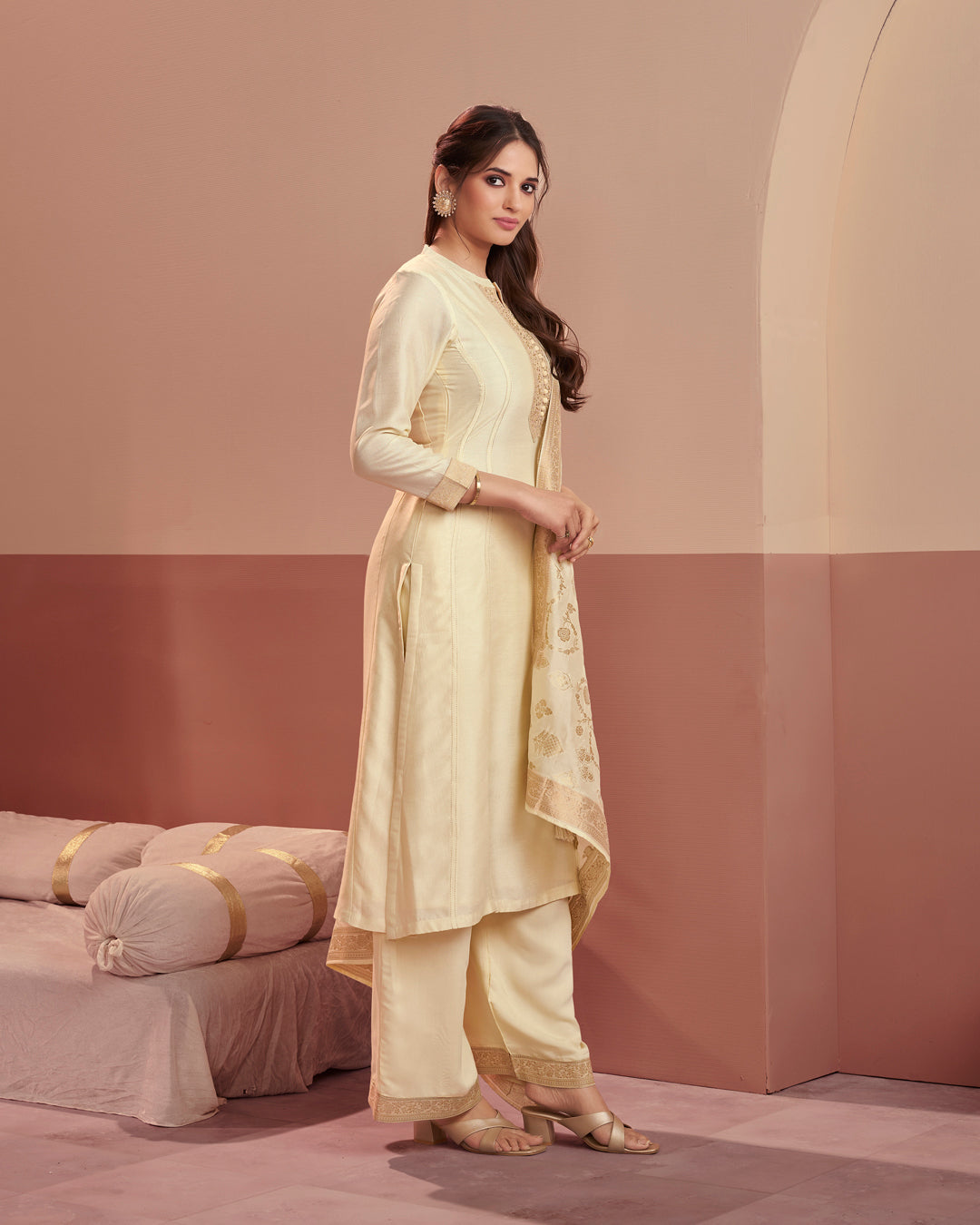 Champagne Royale Embellished Vichitra Silk Pant Set