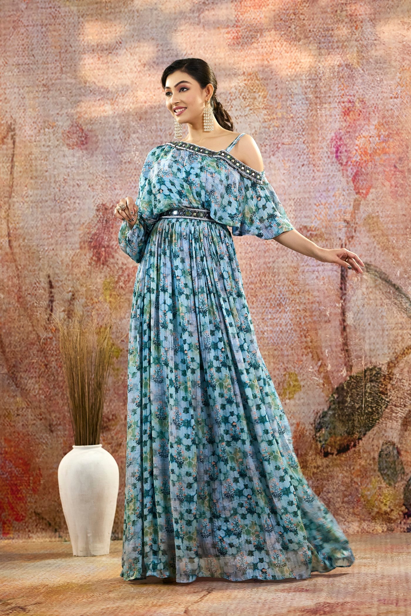 Pastel Blue Floral Printed Embellished Gown