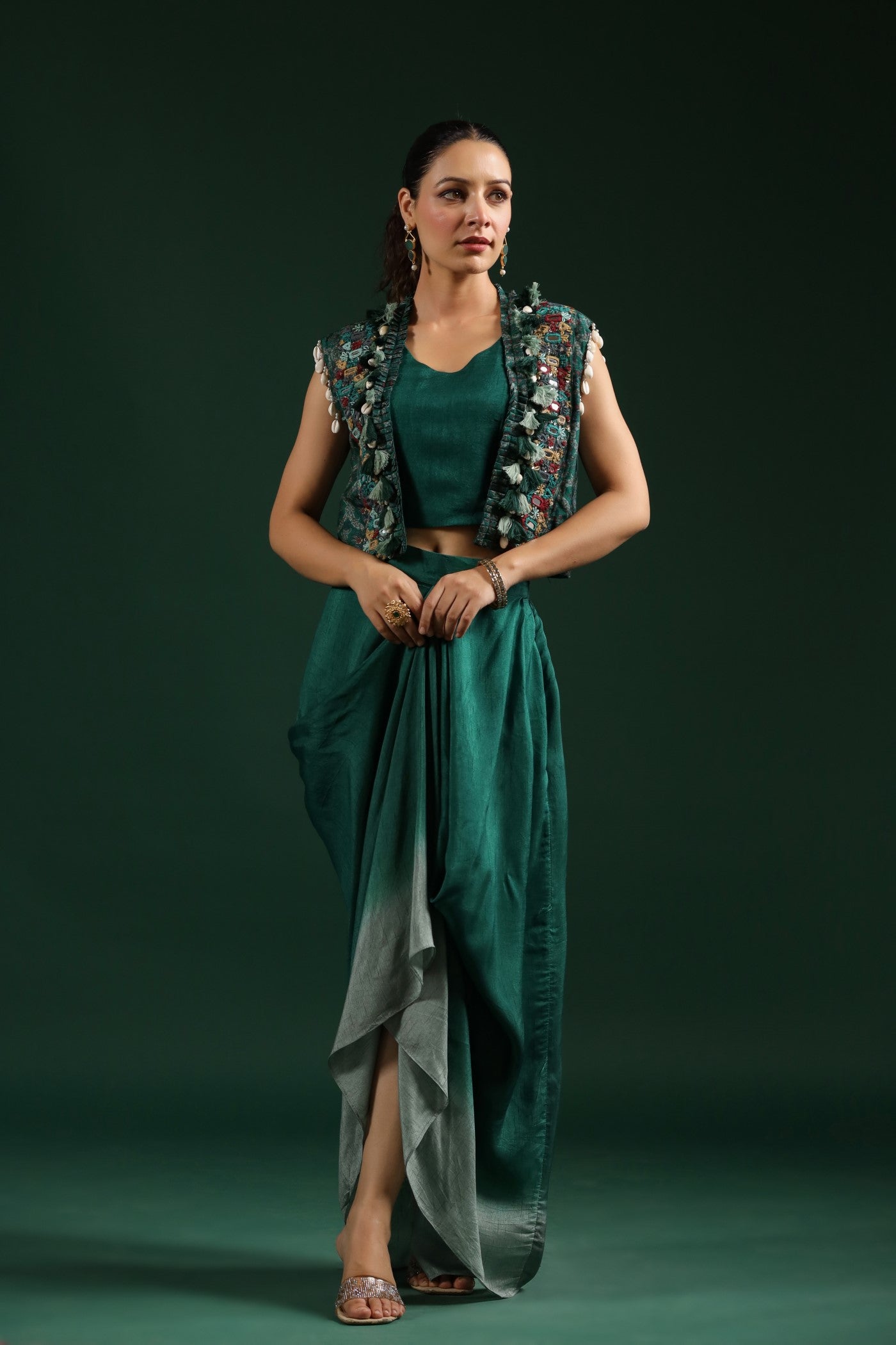 Emerald Green Ombre Dyed Cape Dress