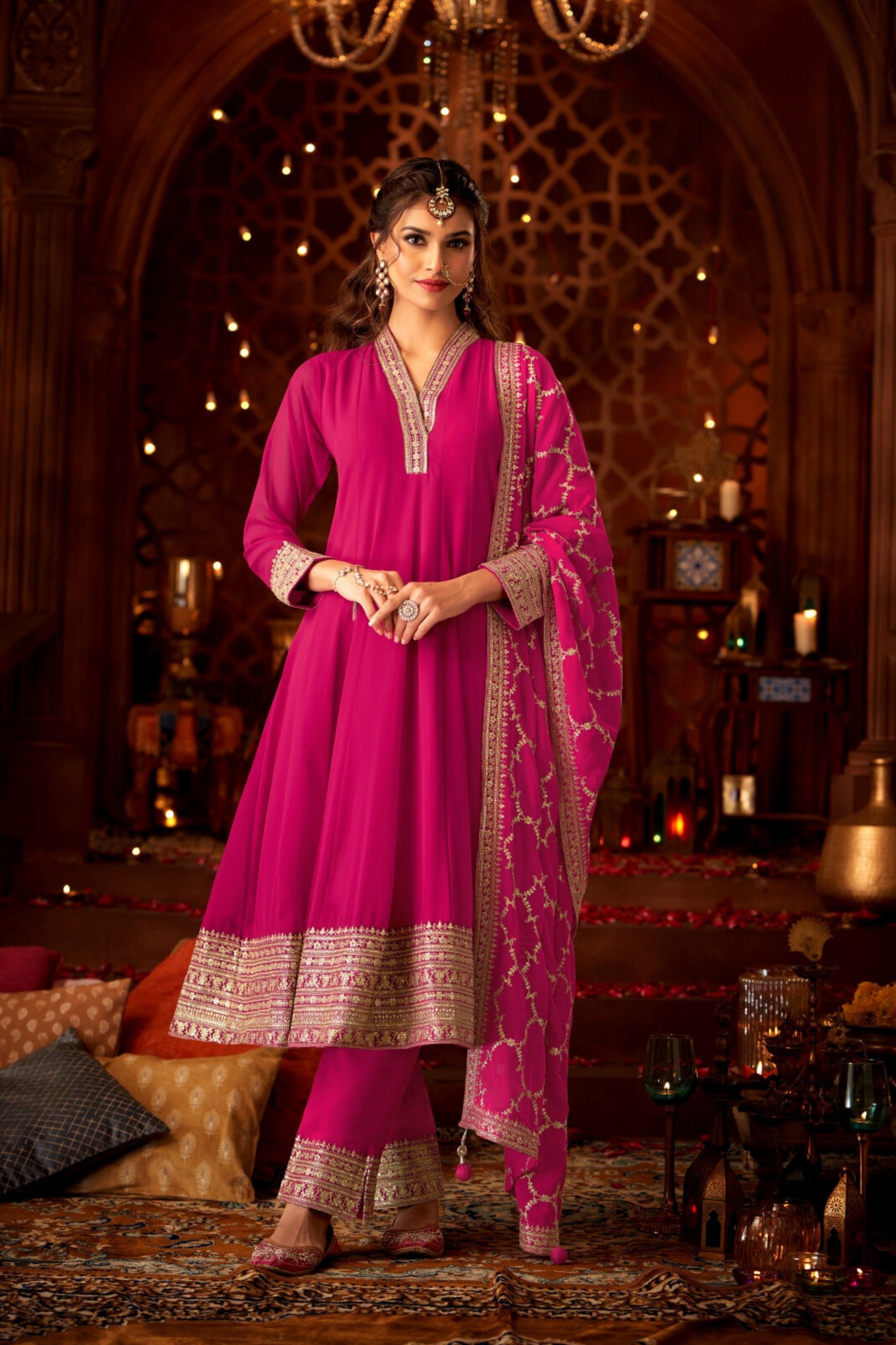 Pink Embellished Georgette Silk Anarkali Set