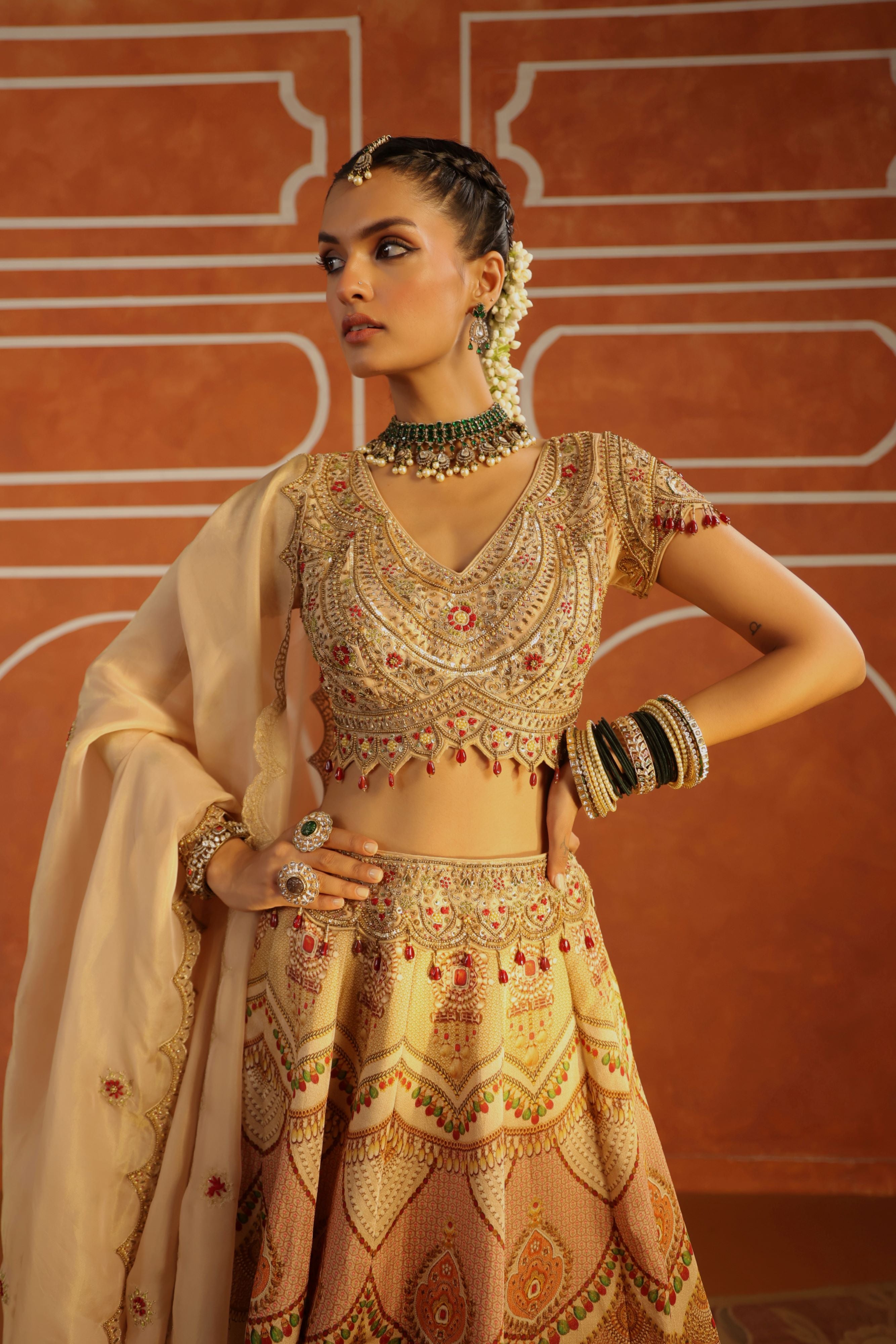 Soft Gold Embellished Satin Lehenga Set