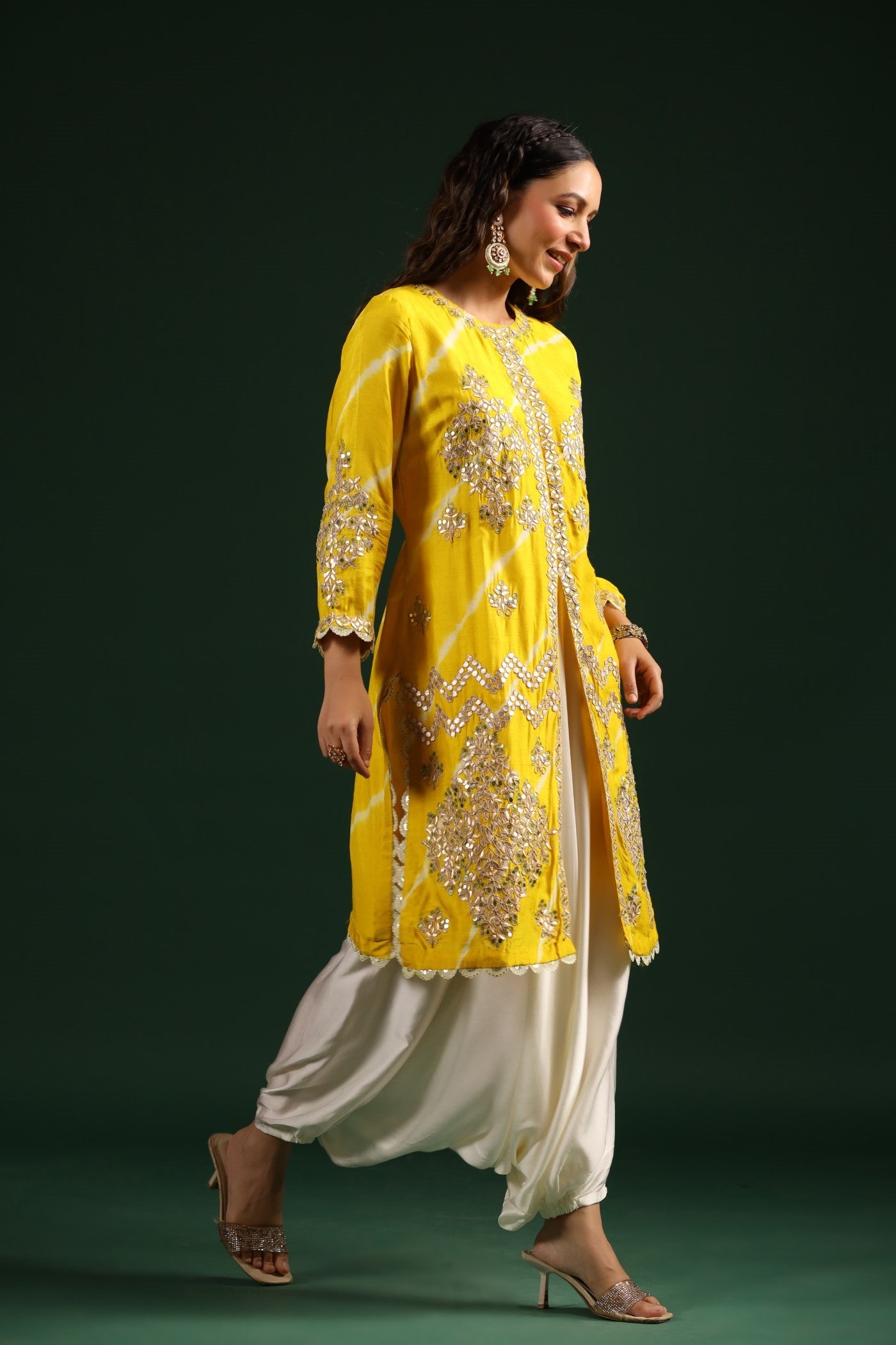 Bright Yellow Embellished Tunic With Contrast Harem Pants