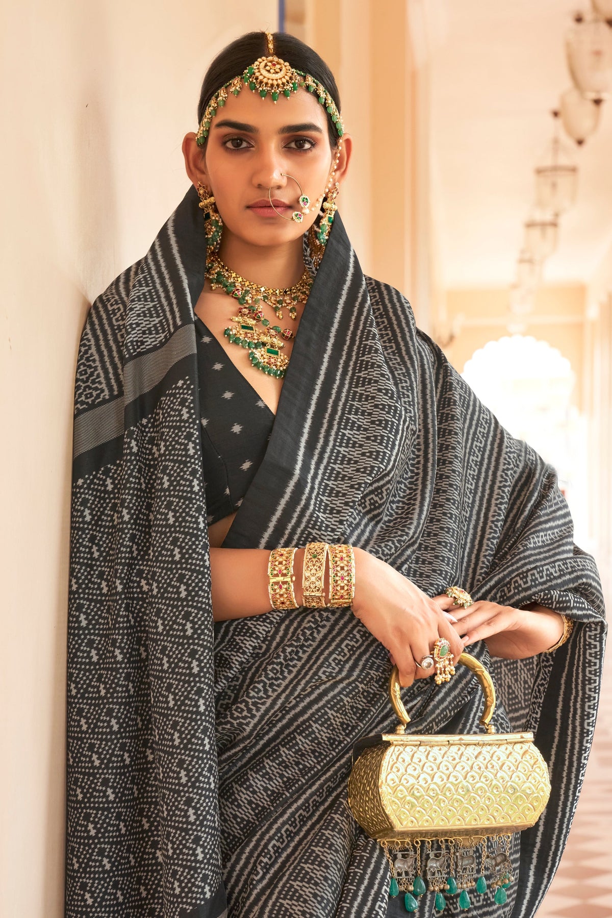 Deep Black Printed Premium Silk Saree