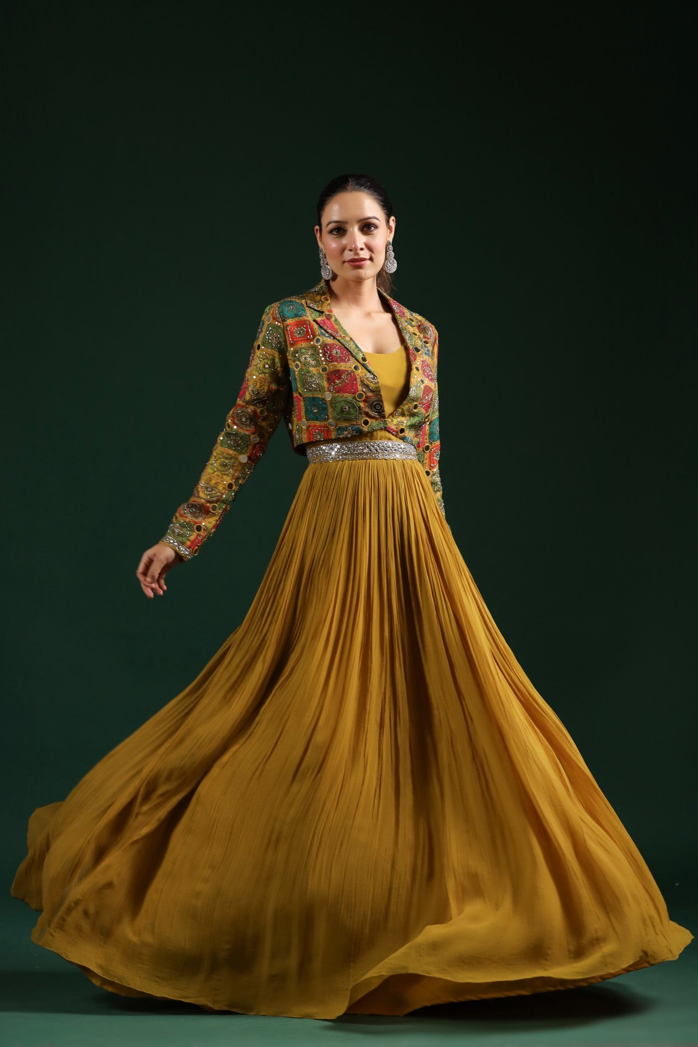 Ochre Yellow Embellished Gown With Cape