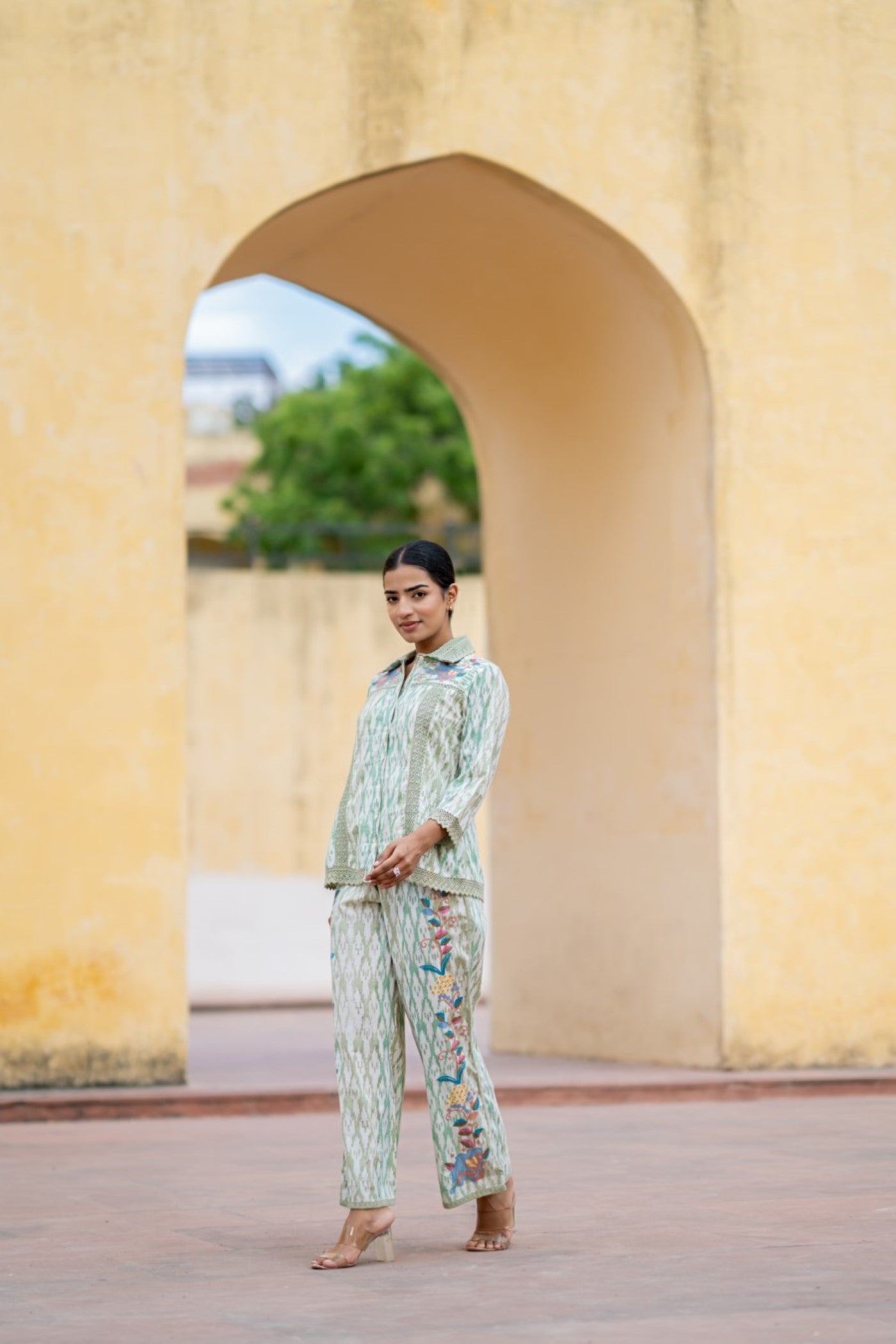 Pastel Green Ikat Printed Cotton Mulmul Silk Dupatta