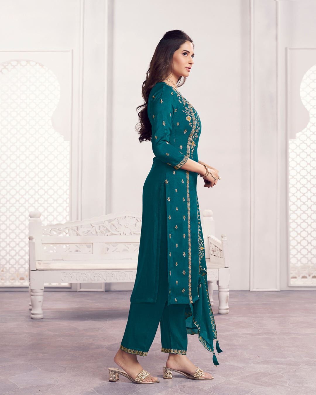 Peacock Charm Embellished Dola Silk Pant Set