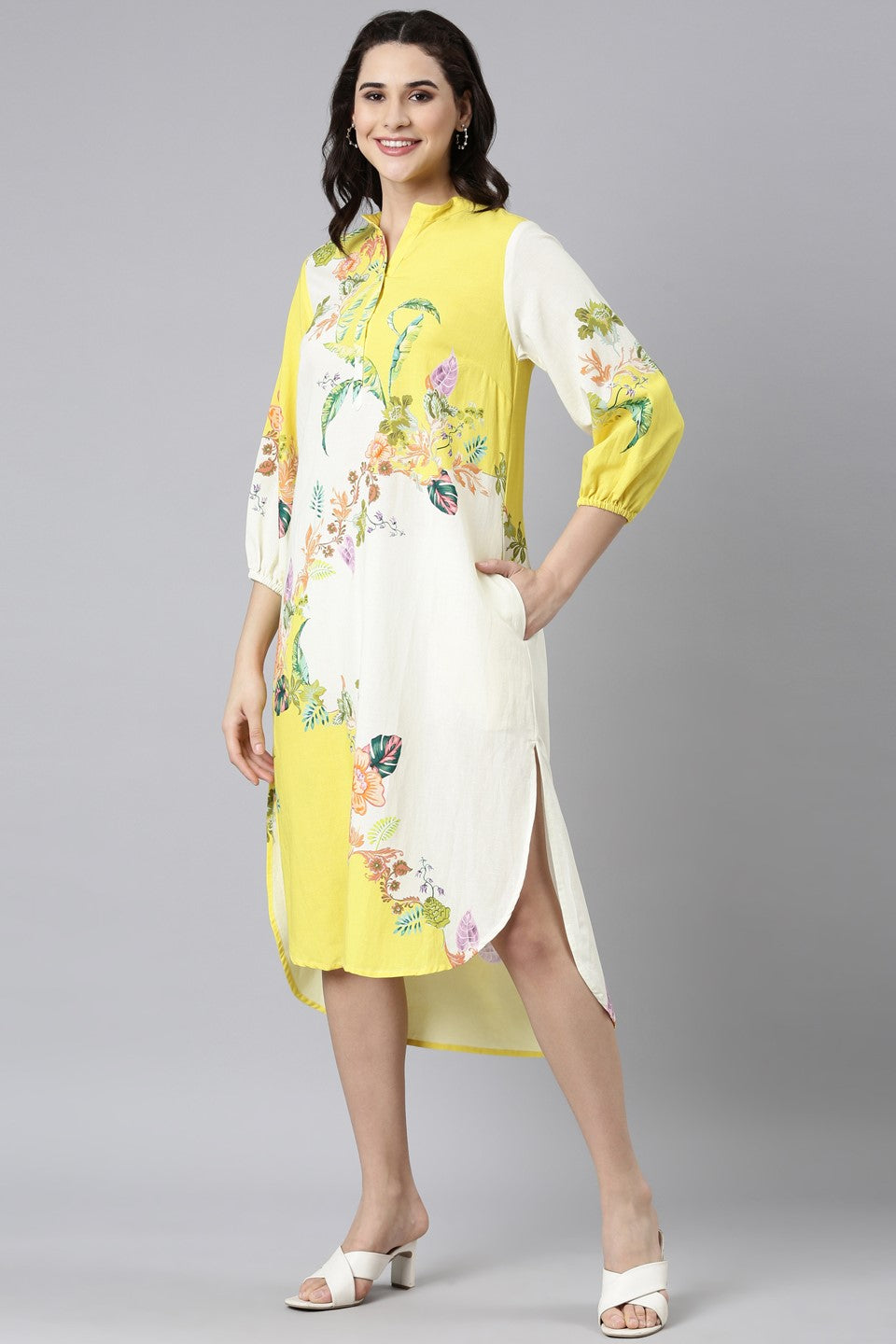 Yellow Floral Printed Belgium Linen Dress