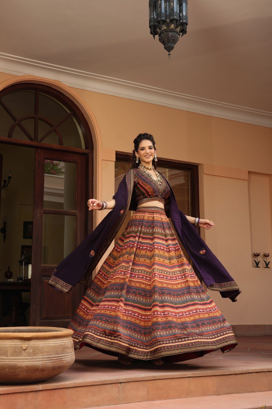 Black Ethnic Mix Printed Raw Silk Lehenga Set