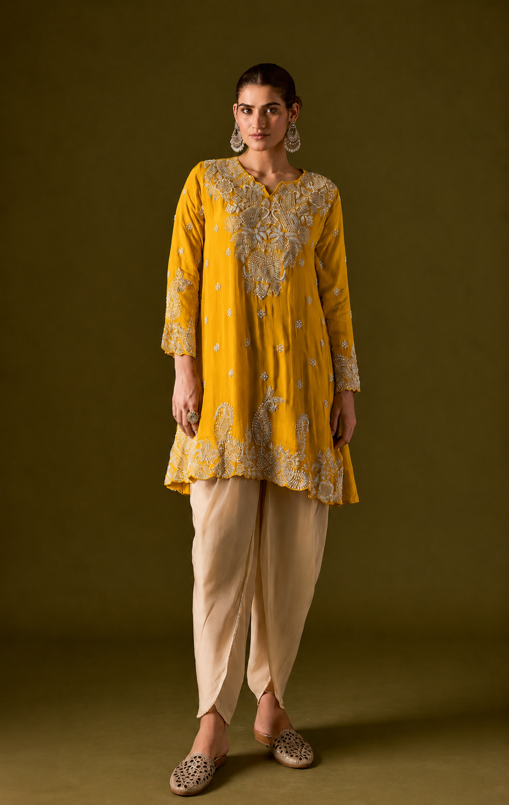 Saffron Yellow Embellished Chinon Silk Dhoti Set