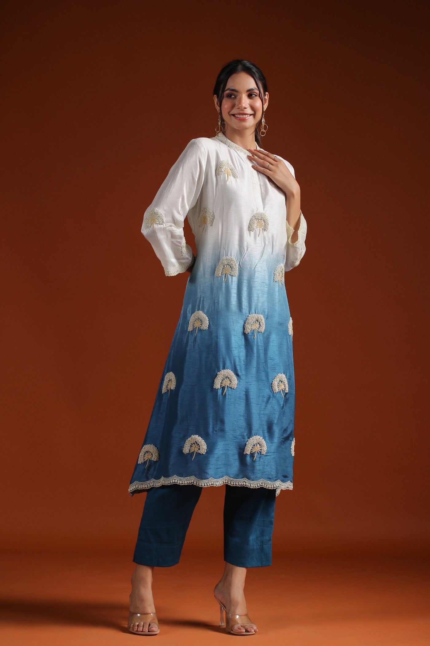 Blue Beads Embroidered Ombre Kurta with Pant