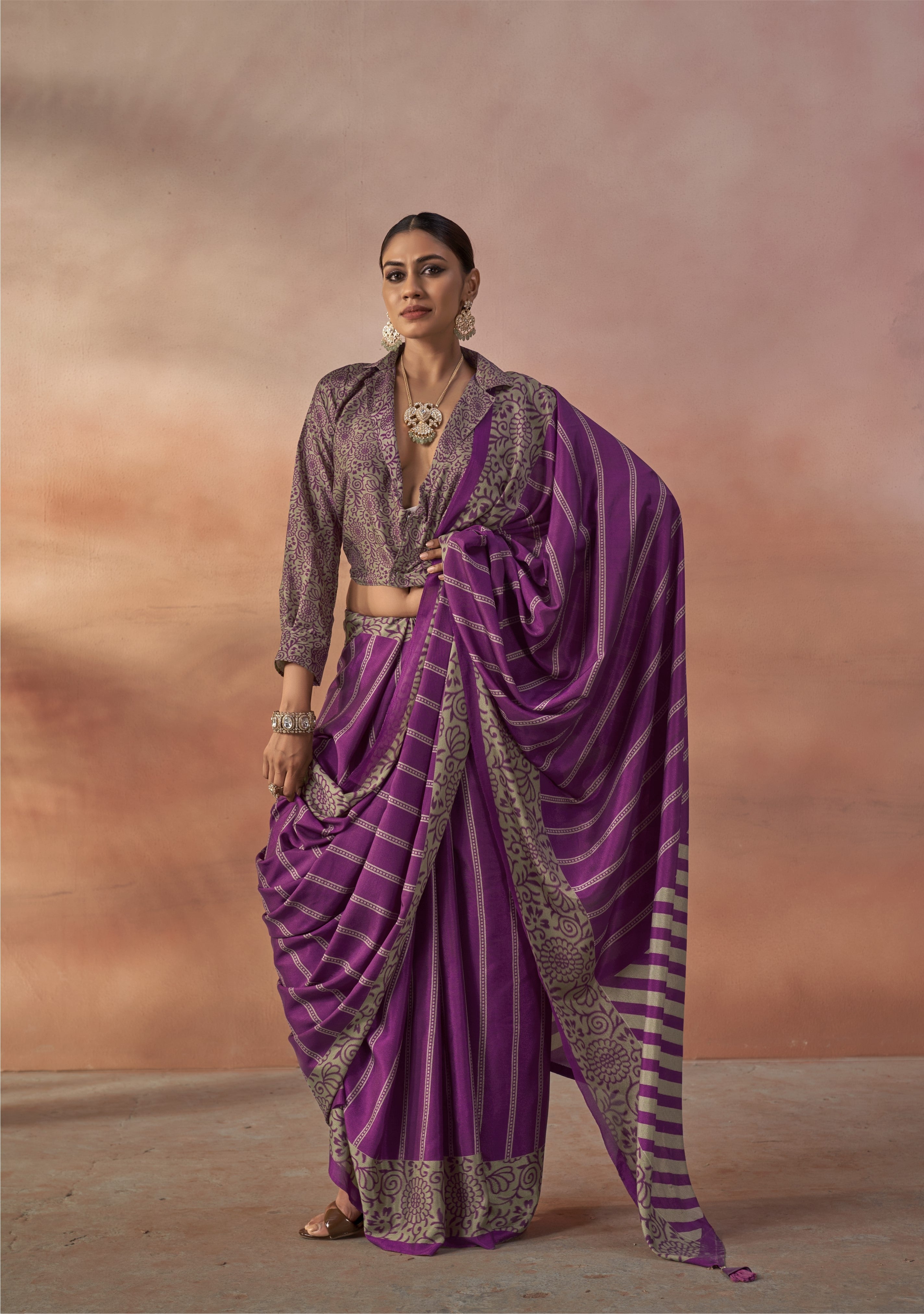 Rich Purple Printed Crepe Silk Saree