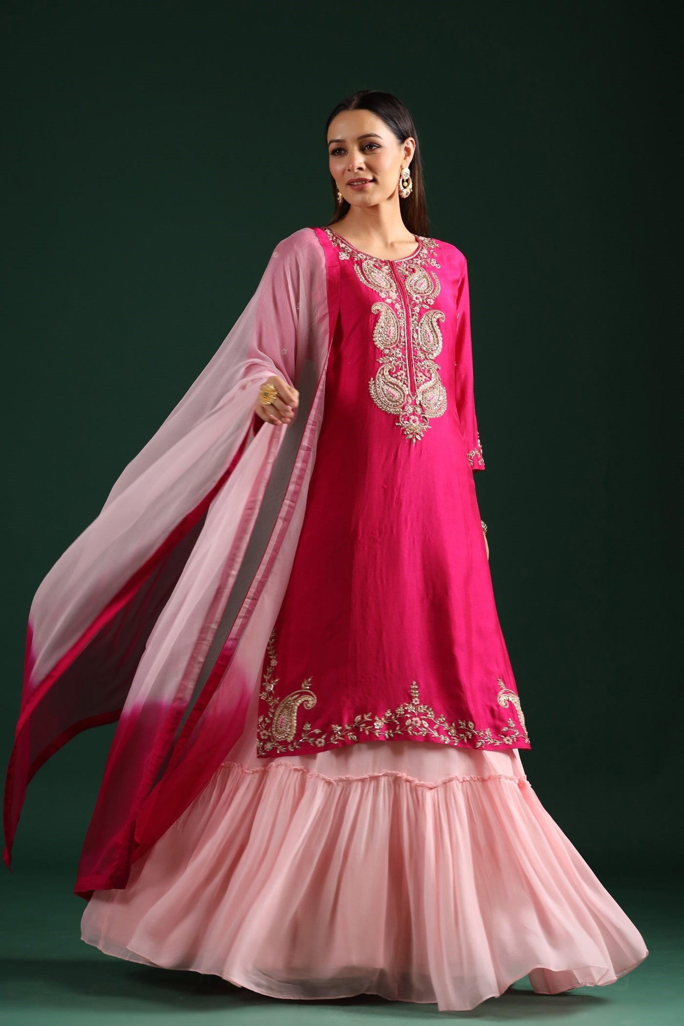 Pink Embroidered Kurta With Contrast Dress
