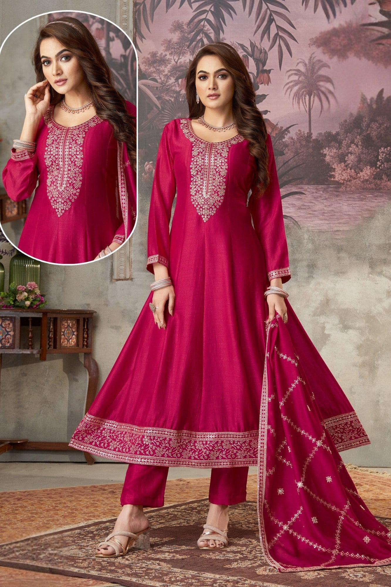 Red Embroidered Premium Silk Anarkali Set