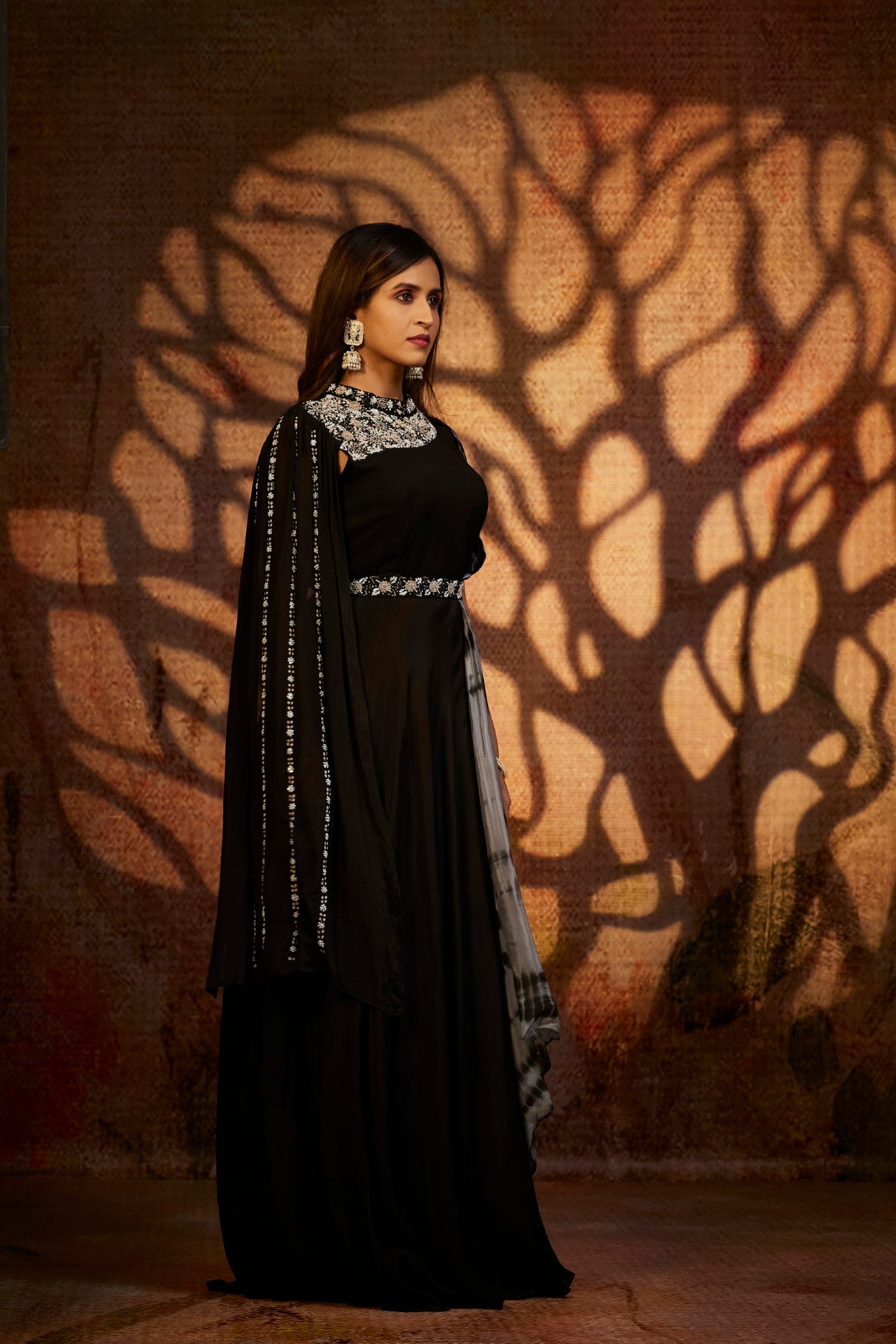 Black Hand Embroidered Crystal Georgette Flared Gown