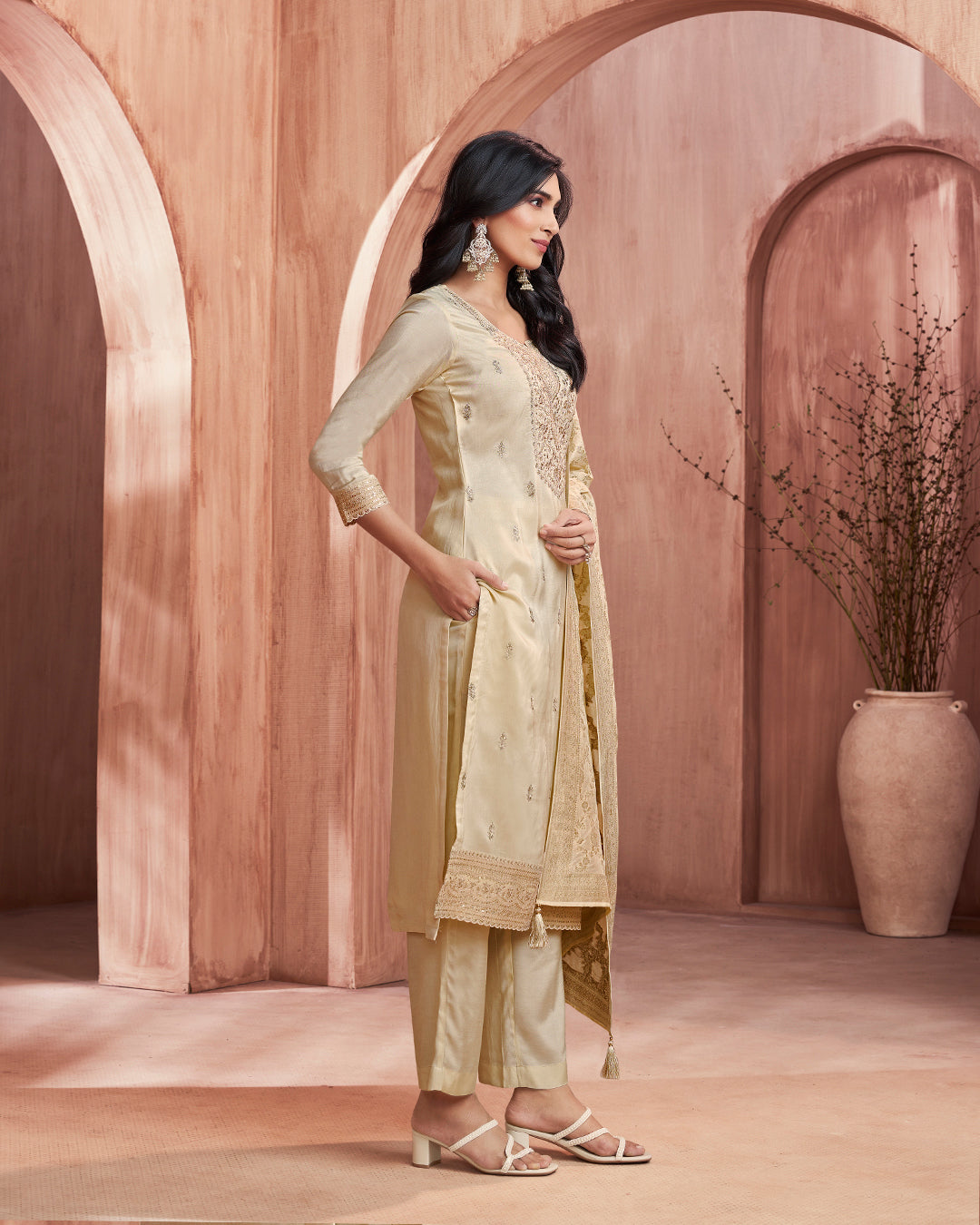 Champagne Allure Embellished Dola Silk Pant Set