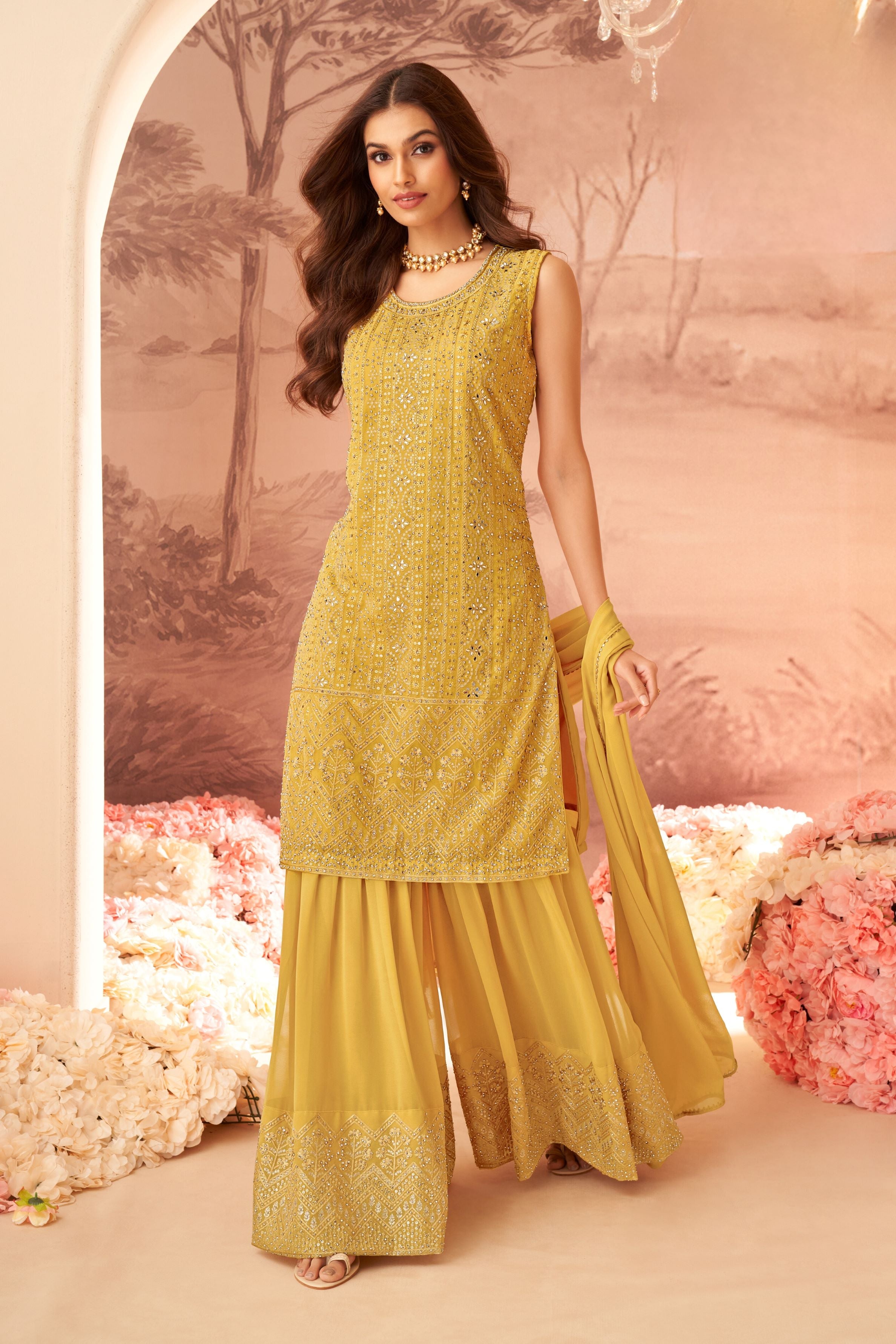 Bright Yellow Embellished Georgette Silk Sharara Set