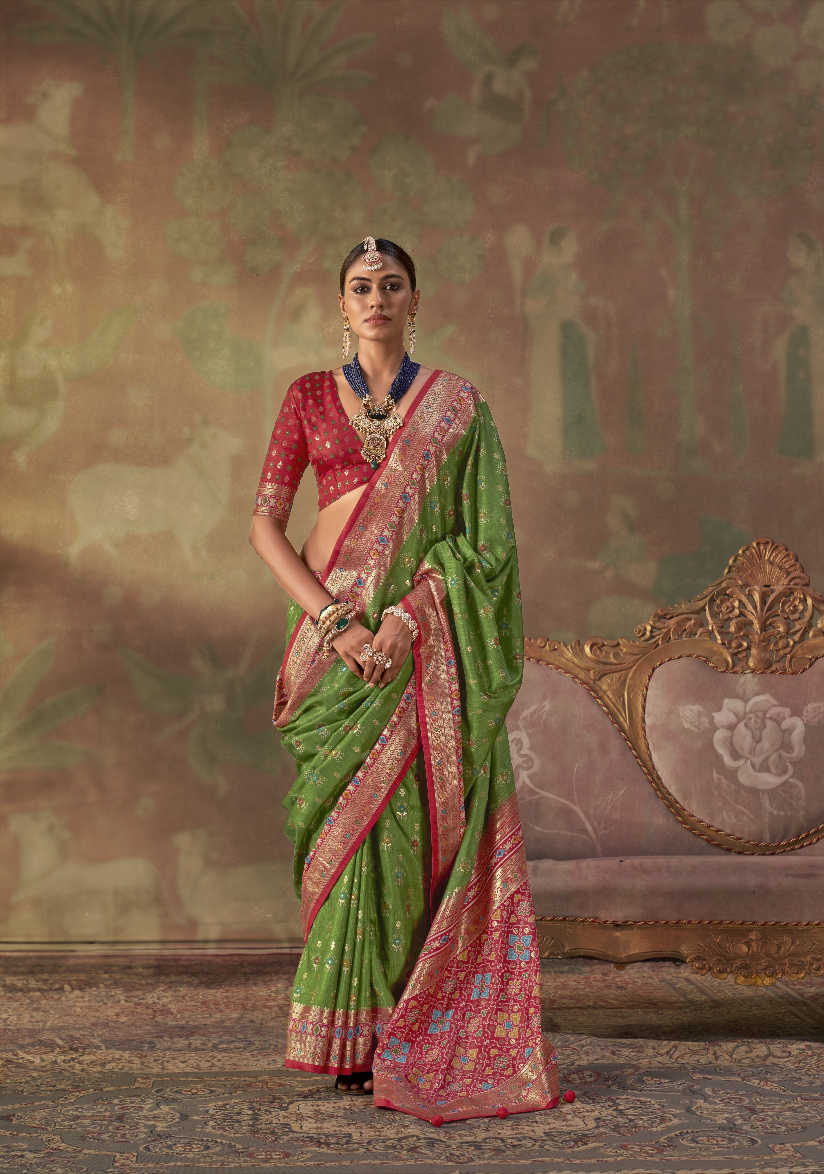 Leaf Green Printed Premium Silk Saree