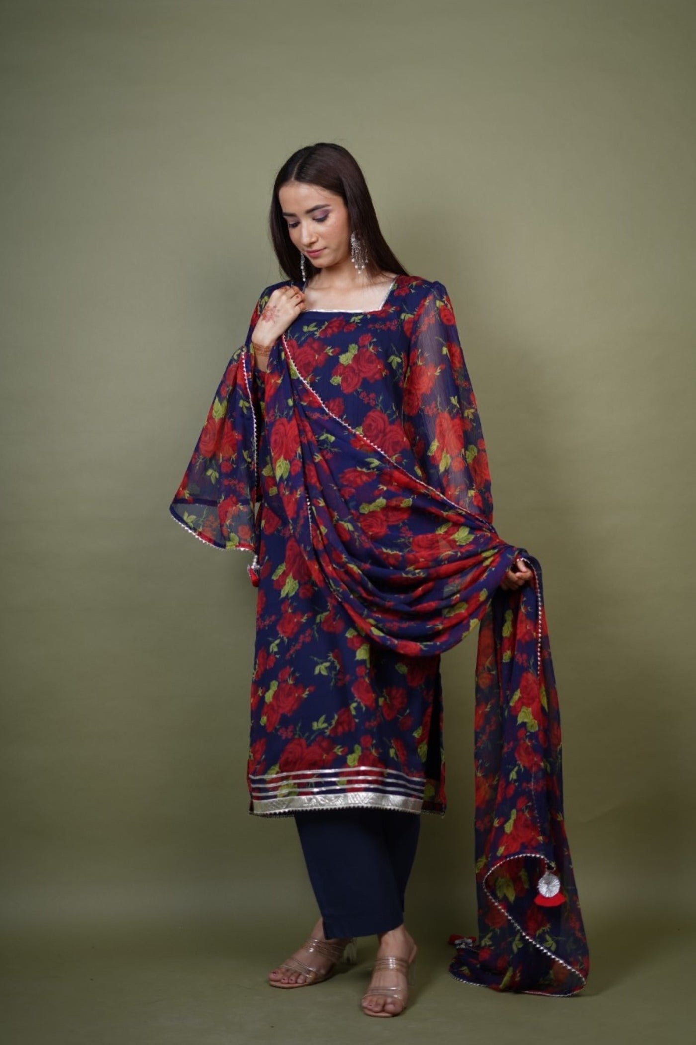 Navy Blue Floral Crushed Chiffon Silk Kurta Set