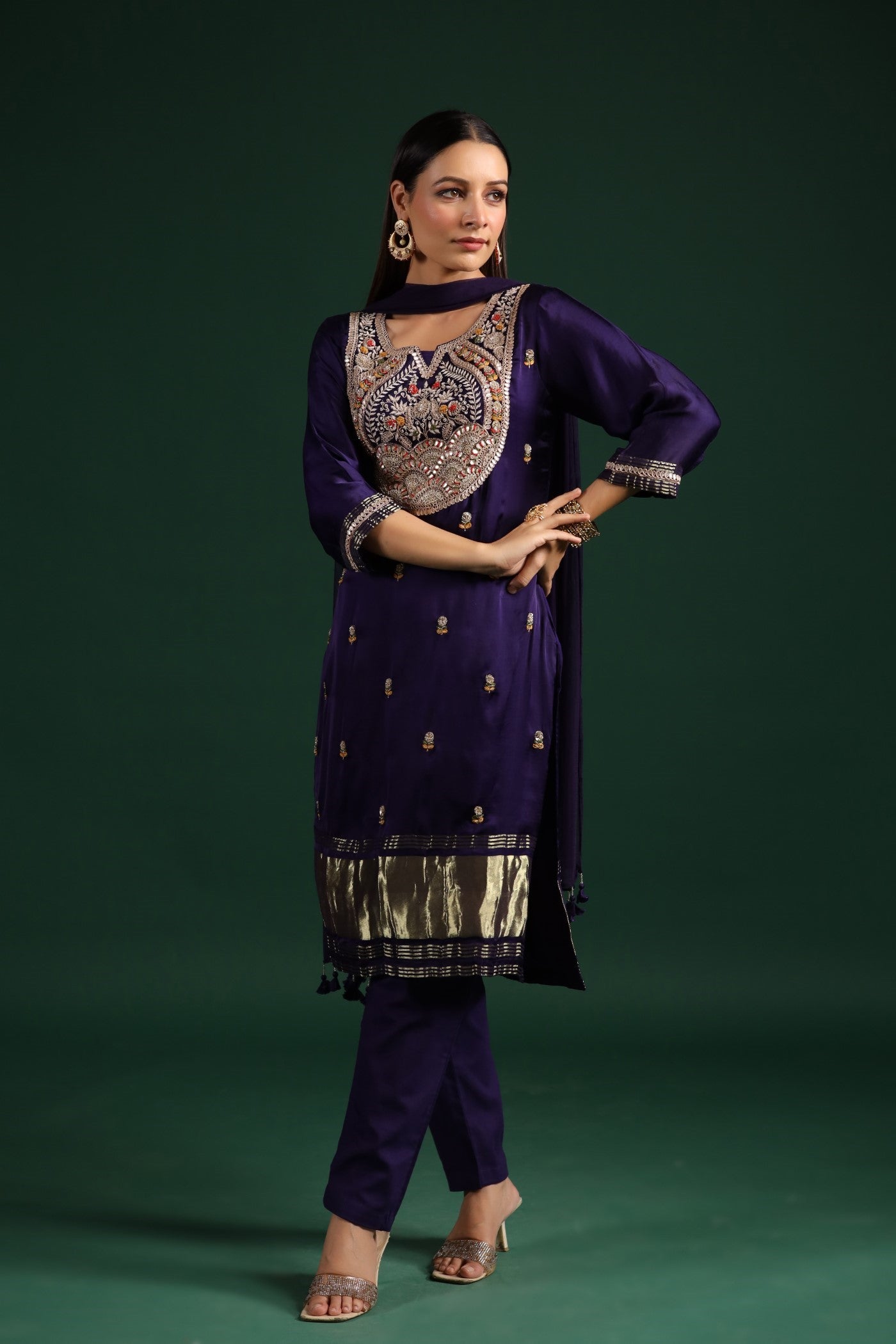 Violet Embellished Gazzi Silk Pant Set