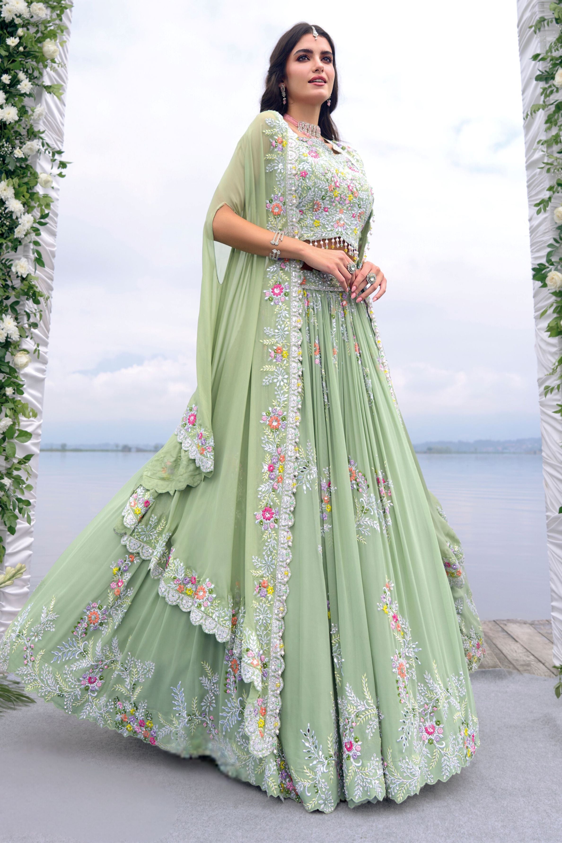 Light Green Embroidered Georgette Silk Lehenga Set