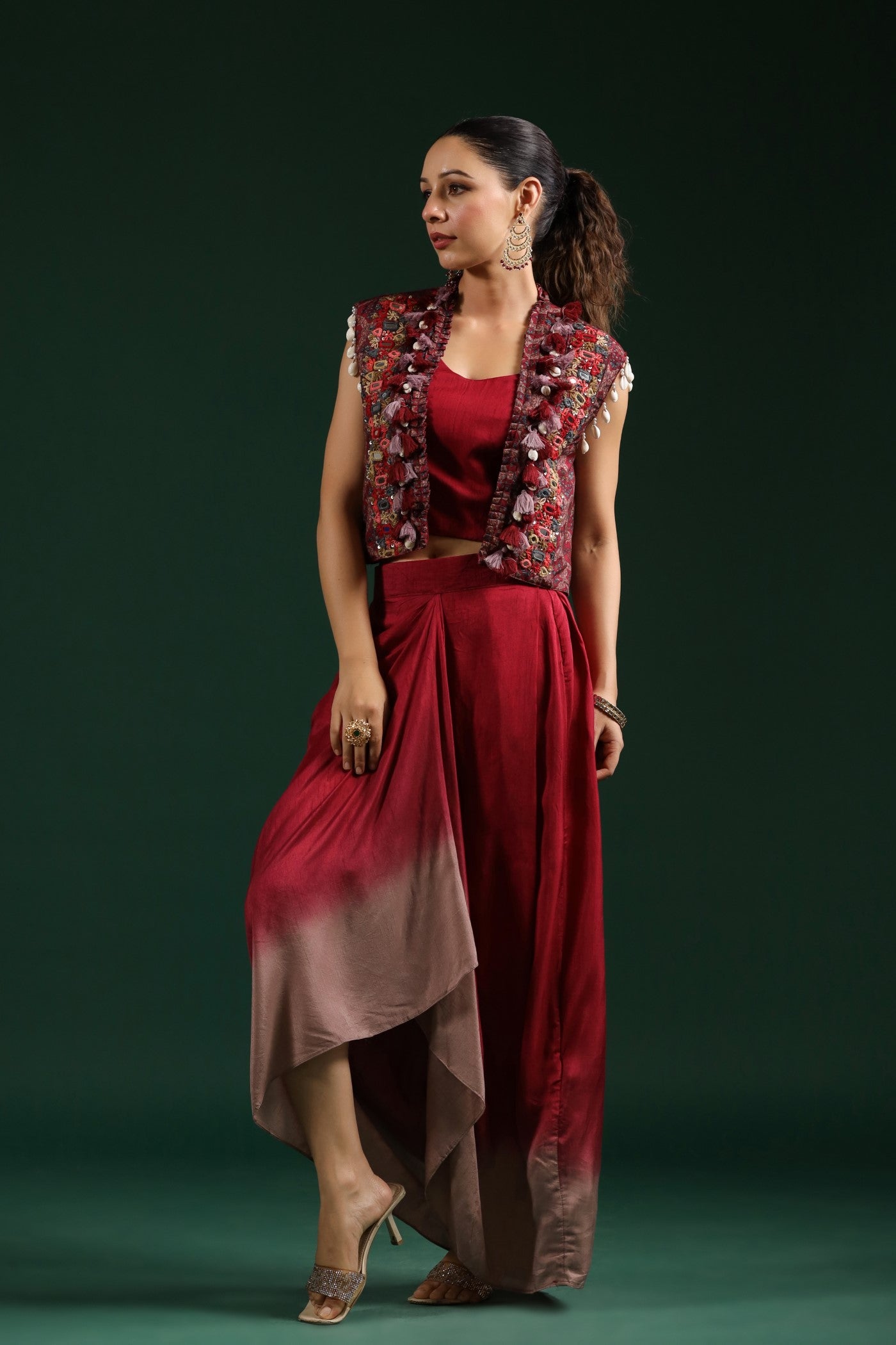 Maroon Ombre Dyed Cape Dress