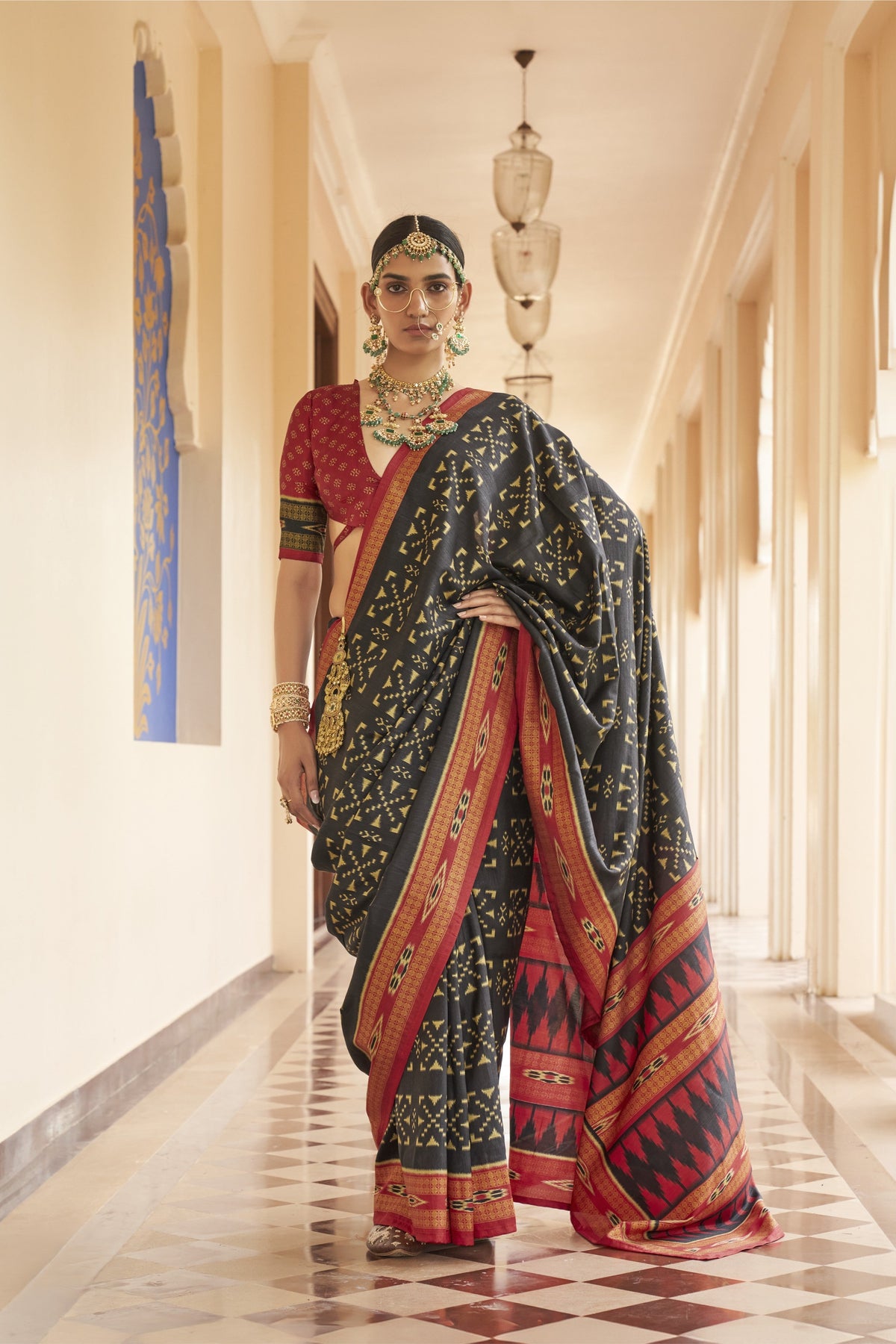 Charcoal Black Printed Premium Silk Saree