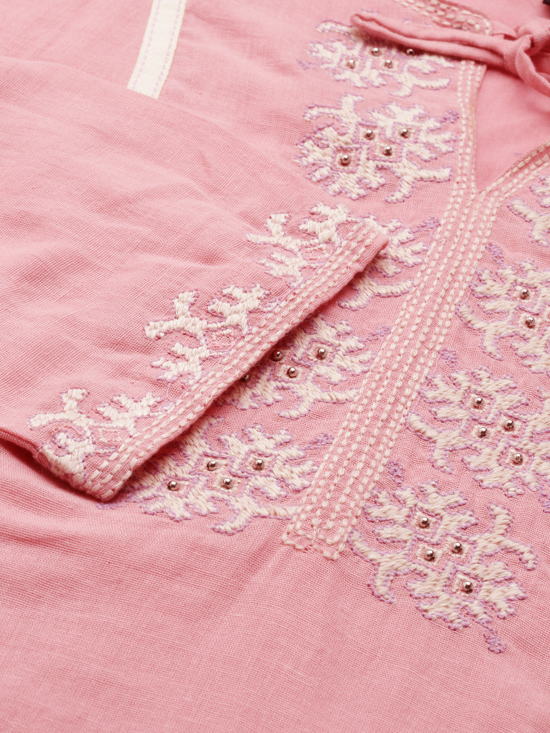 Soft Pink Embroidered Cotton Linen Dress