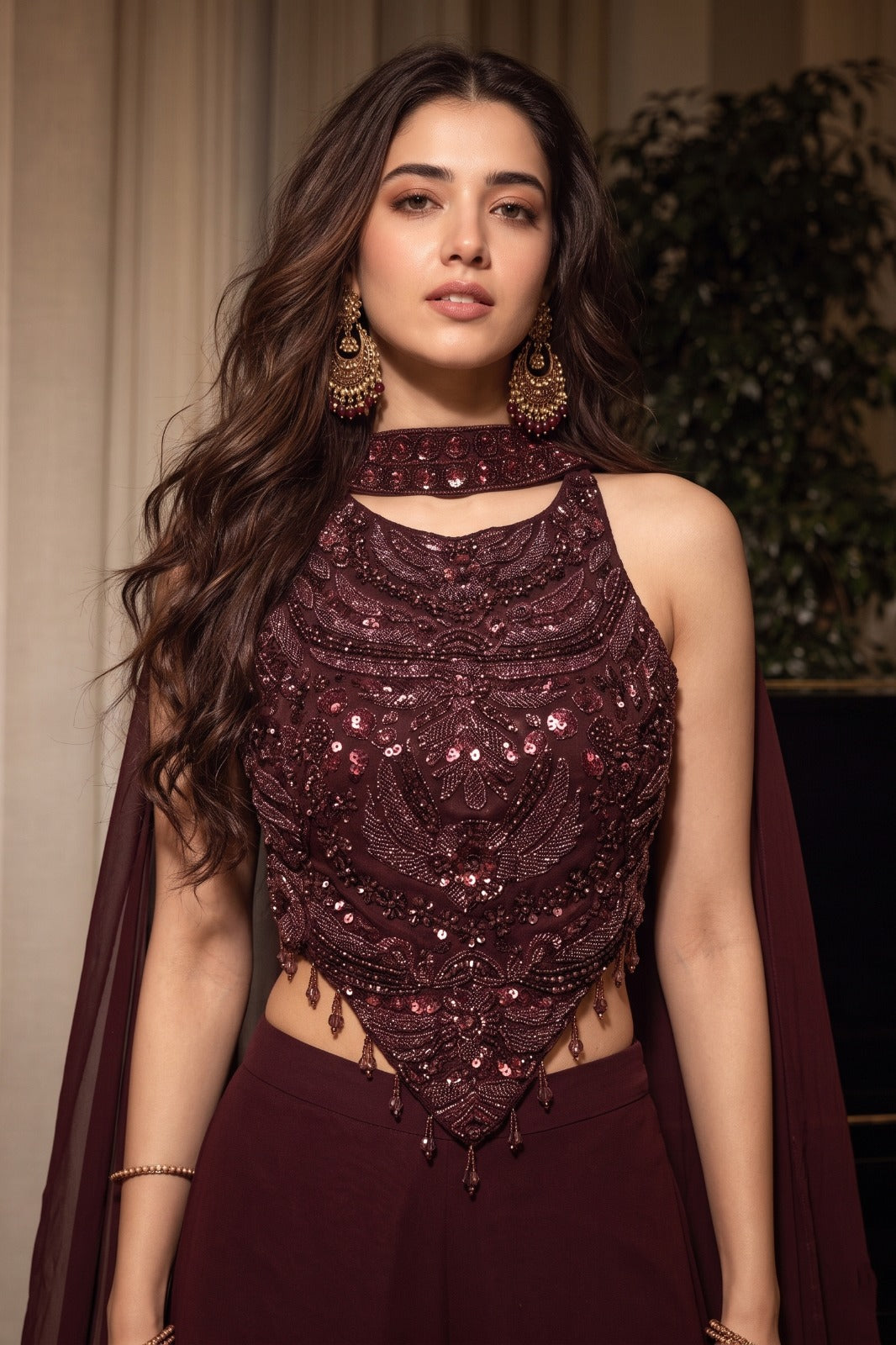 Dark Chocolate Embellished Crepe Silk Palazzo Set