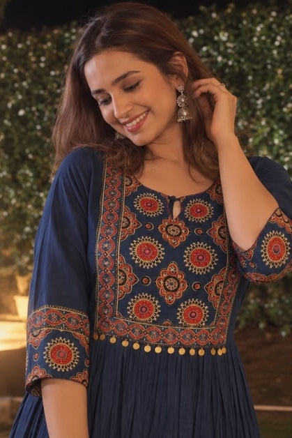 Dusty Blue Printed Mul Cotton Ajrakh Gown