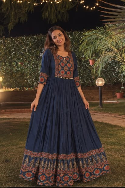 Dusty Blue Printed Mul Cotton Ajrakh Gown