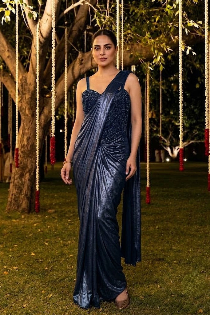 Twilight Blue Embellished Spandex Lycra Silk Draped Saree