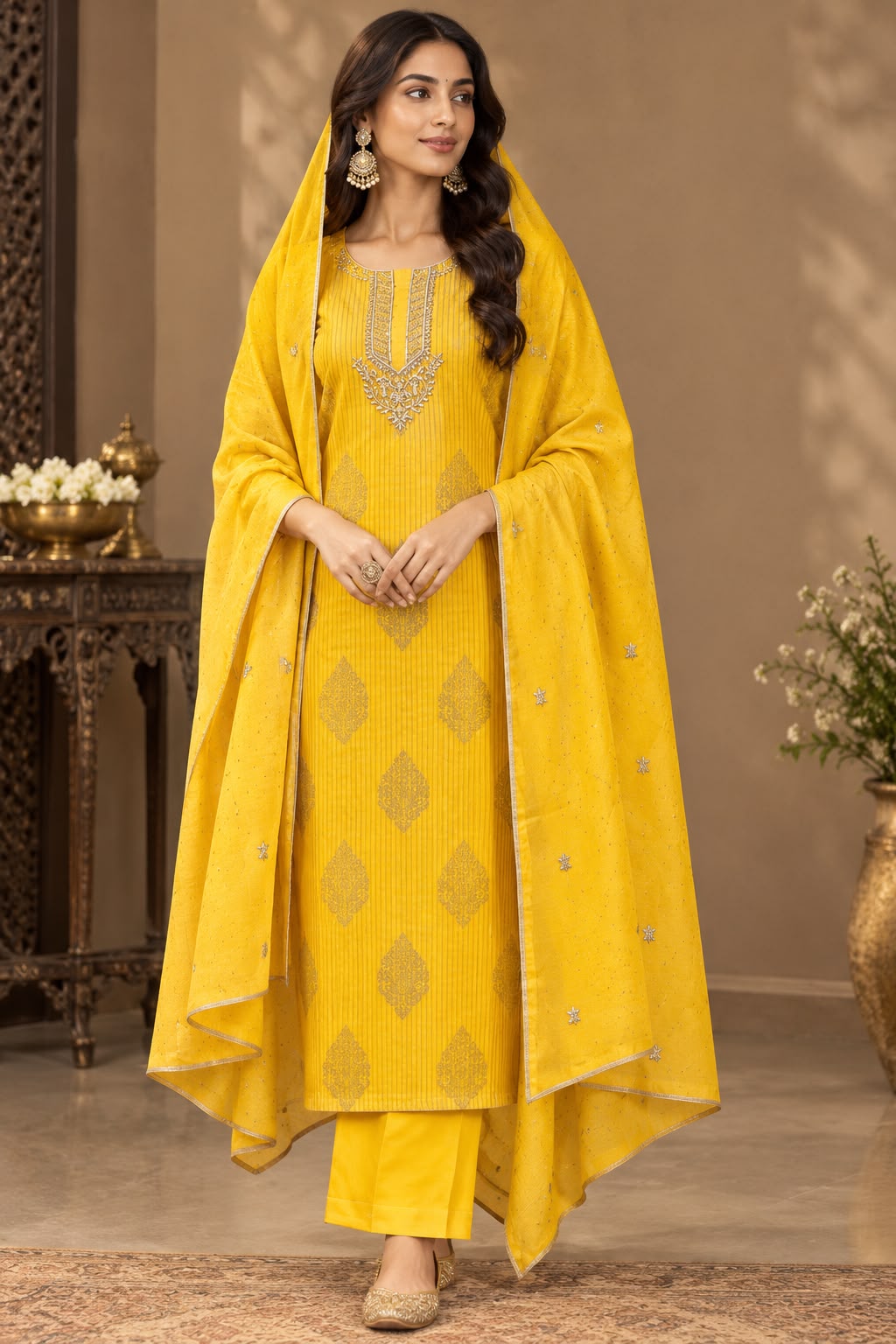 Vibrant Yellow Embellished Viscose Silk Unstitched Suit Set