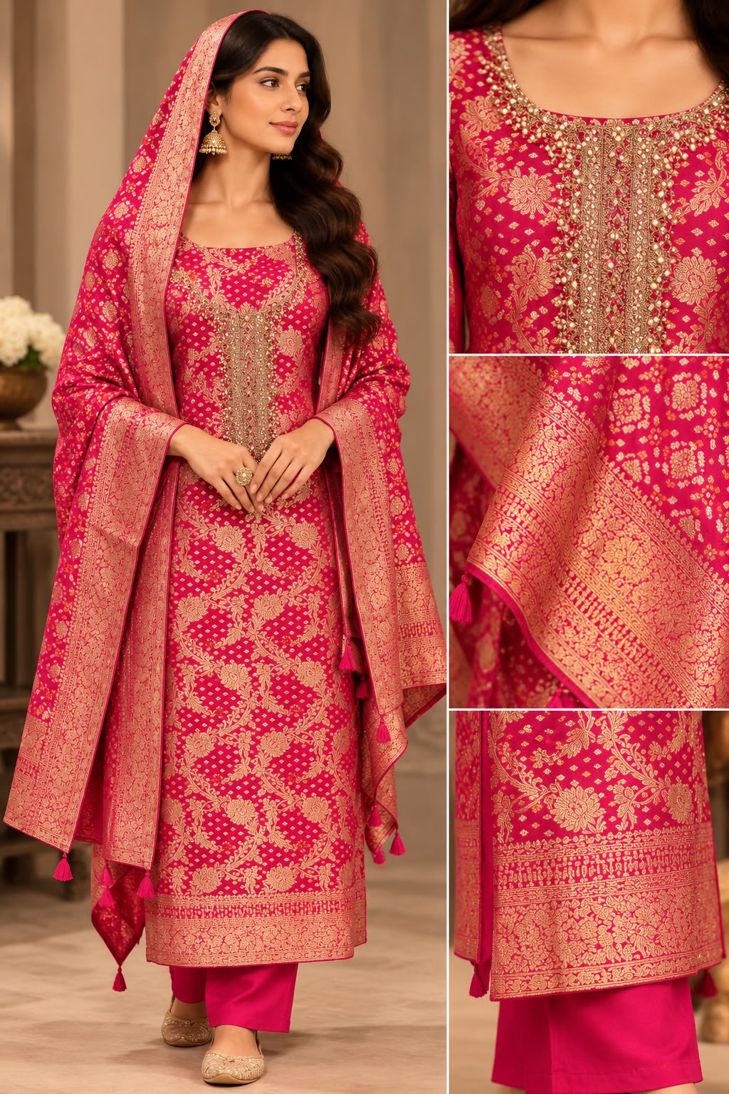 Rani Pink Embellished Brocade Silk Unstitched Suit Set