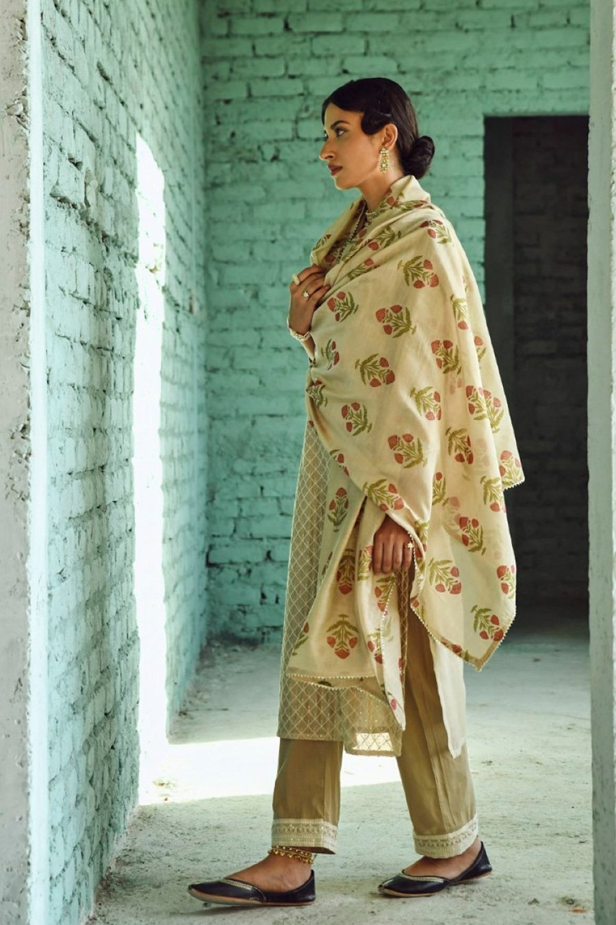 Beige Embroidered Chanderi Silk Kurta Set