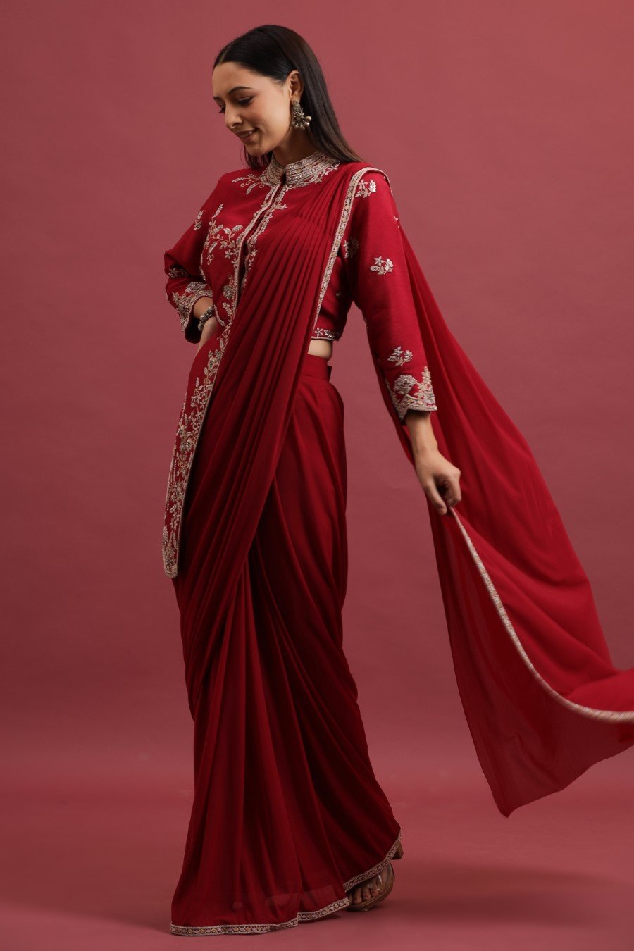 Ruby Pink Embroidered Asymmetrical Jacket with Draped Saree Skirt