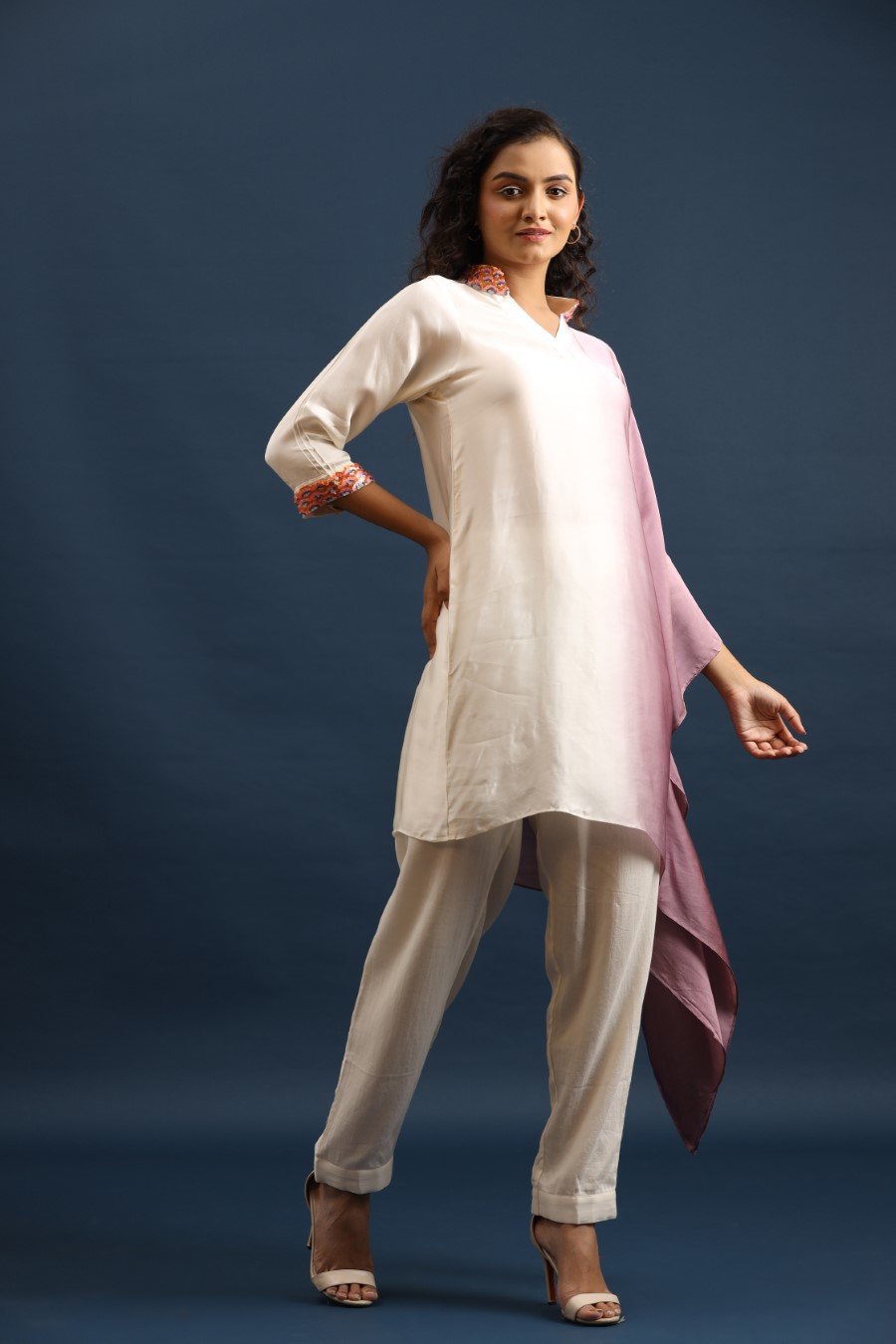 Mulberry Pink Ombre Satin Silk Kaftan with Pants
