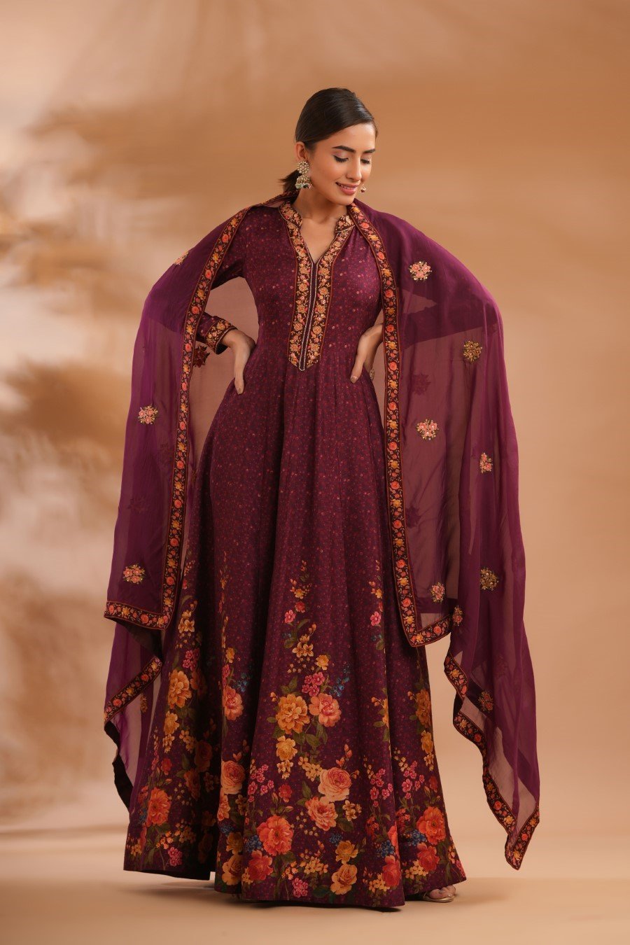 Deep Wine Floral Anarkali with Dupatta