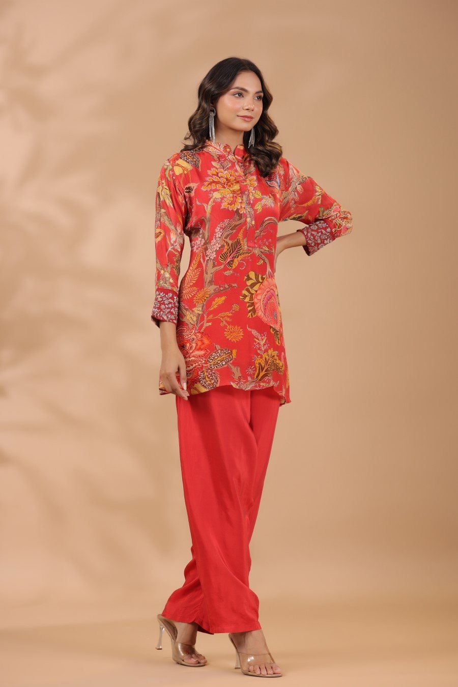Rustic Red Floral Printed Tunic with Pants