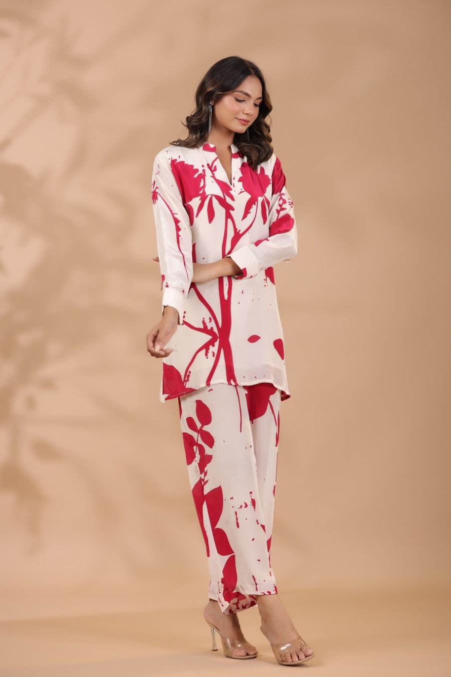 Red &amp; White Printed Crepe Silk Co-ord Set