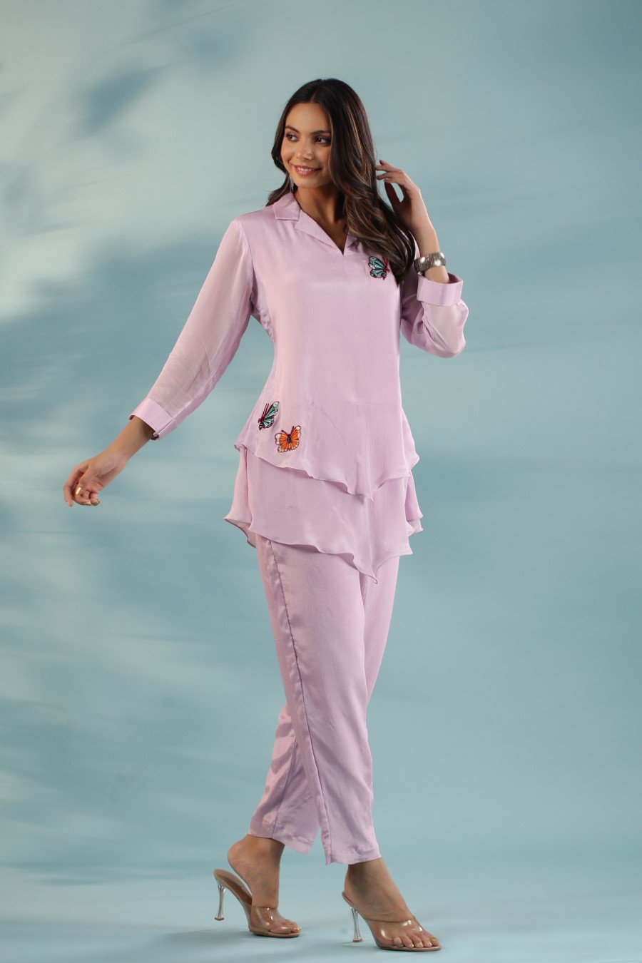 Powder Pink Embroidered Chinon Silk Co-ord Set
