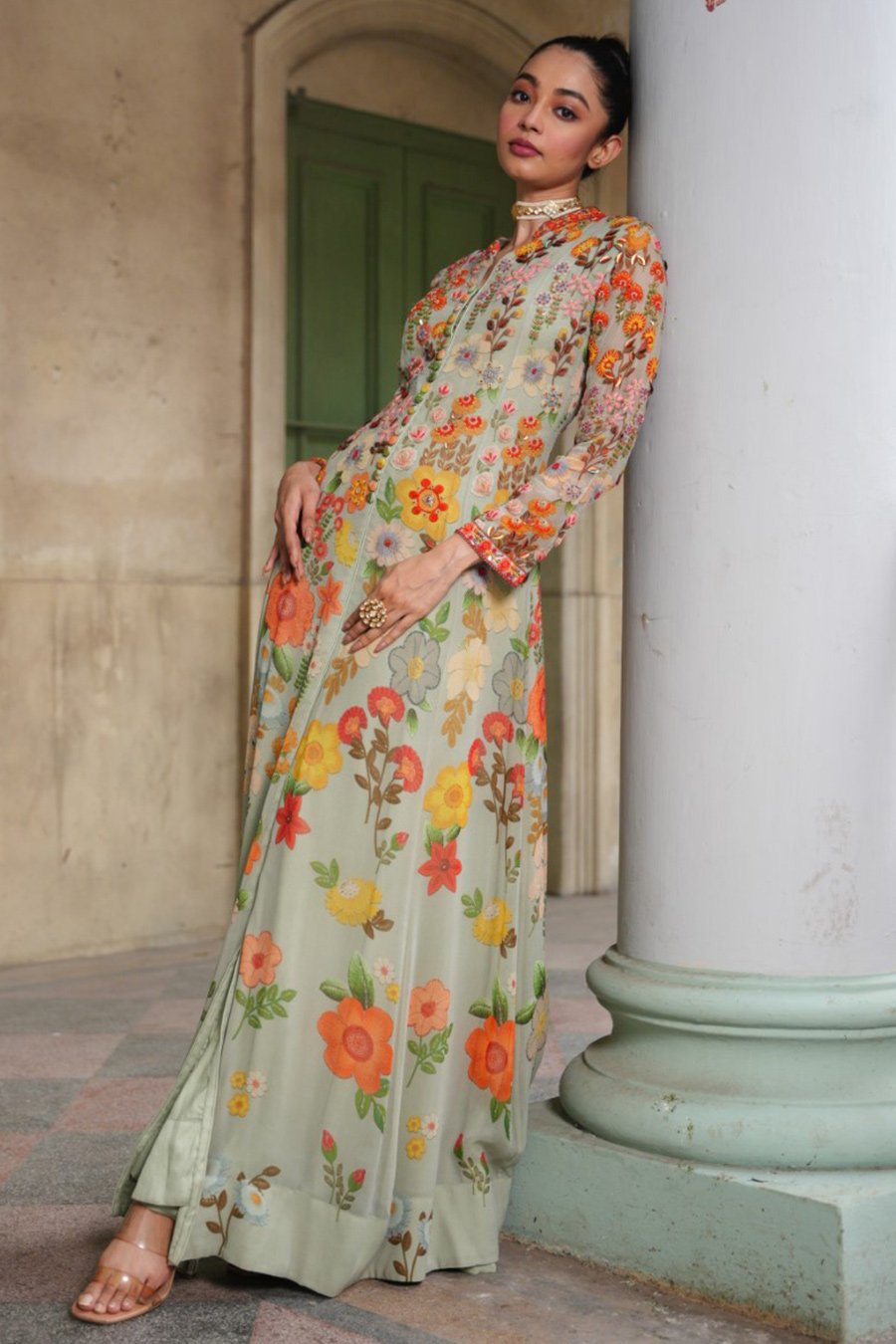 Pastel Green Floral Embroidered Anarkali