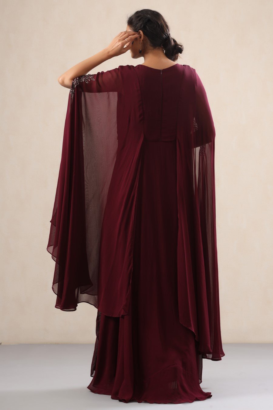 Wine Georgette Embellished Layered Gown